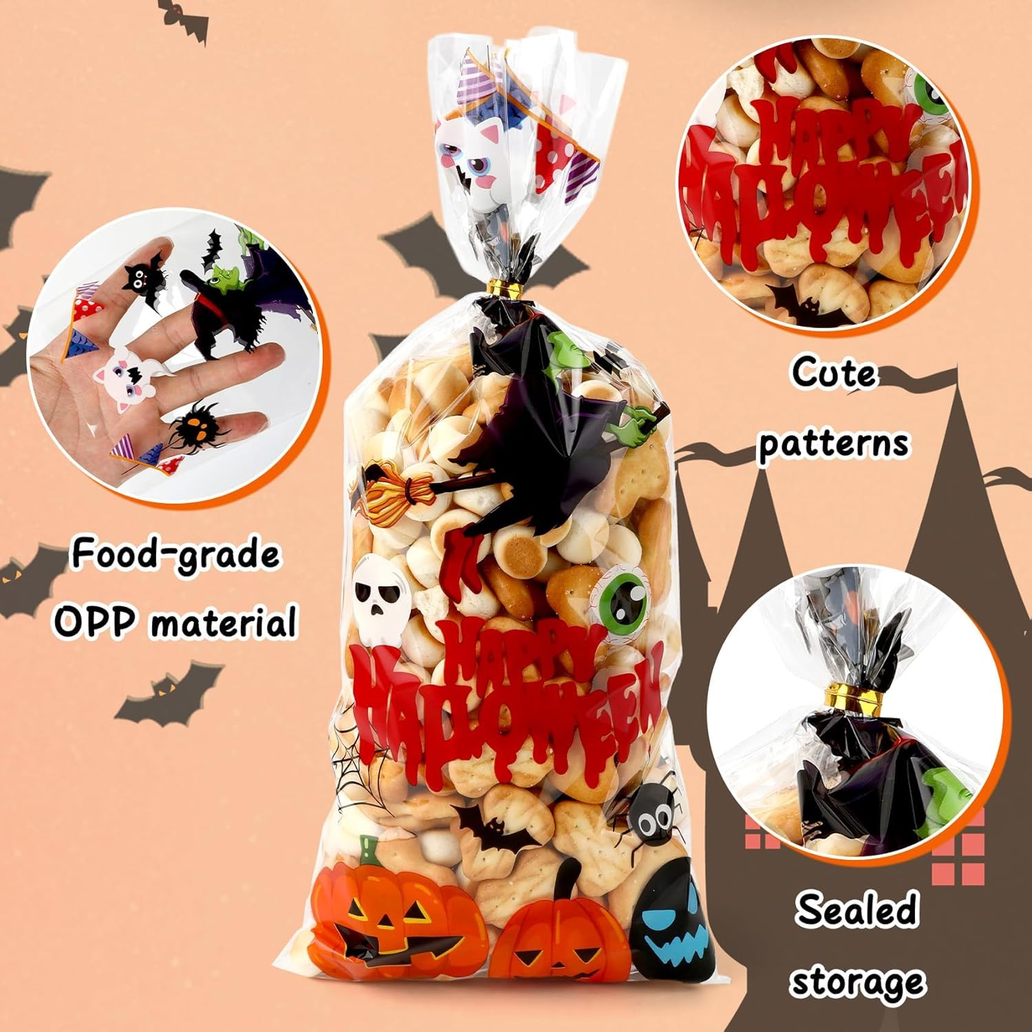Halloween Candy Treat Bags,100Pcs Five Styles Clear Cellophane Goodies Bags with 100PCS Twist Ties,Transparent Party Gift Supplies for Trick or Treat Snacks Cookies Popcorn Candy,For Halloween Party - 5-In-1 image number 6
