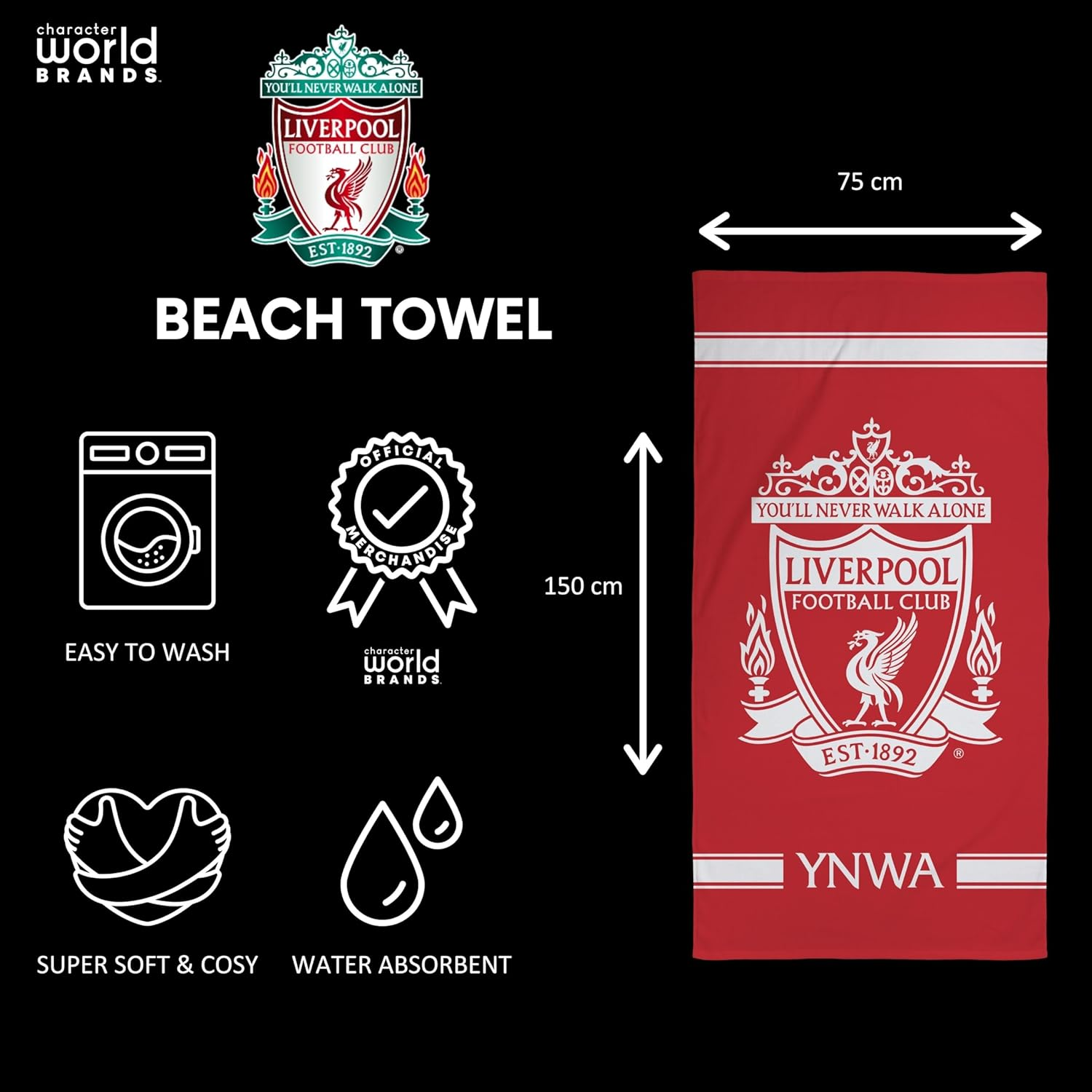 Liverpool FC Character World Official Towel | Super Soft Feel, YNWA Football Club Design | Perfect the Home, Bath, Beach & Swimming Pool | One Size 75Cm X 150Cm | 100% Cotton image number 5
