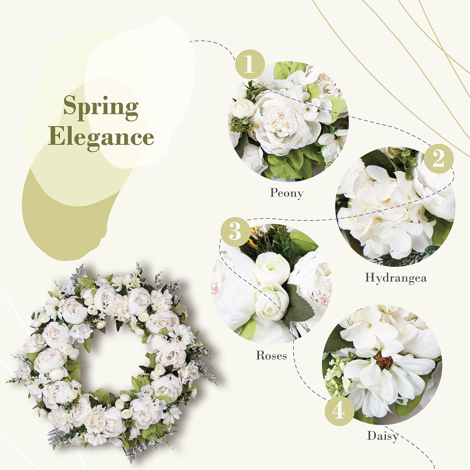 Peony Wreath 23" Floral Artificial Wreath for Front Door Wall Decor Home D&eacute;cor Festival Celebration Wedding Party New Owners Seasonal Decoration Housewarming Gifts Ezsenses (White) - White image number 4