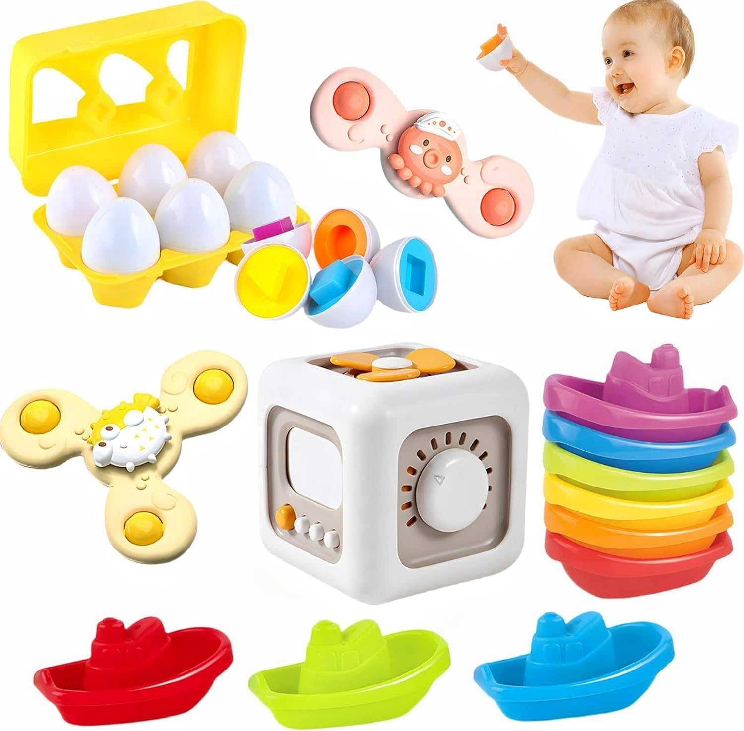 5 in 1 Montessori Toy Set for Toddlers 1 2 3 Year Old Baby Busy Activity Cube Baby Bath Suction Spinner Stacking Water Boat Matching Eggs Toys for Kids Travel Birthday Chirstams Bathtime Gift image number 6