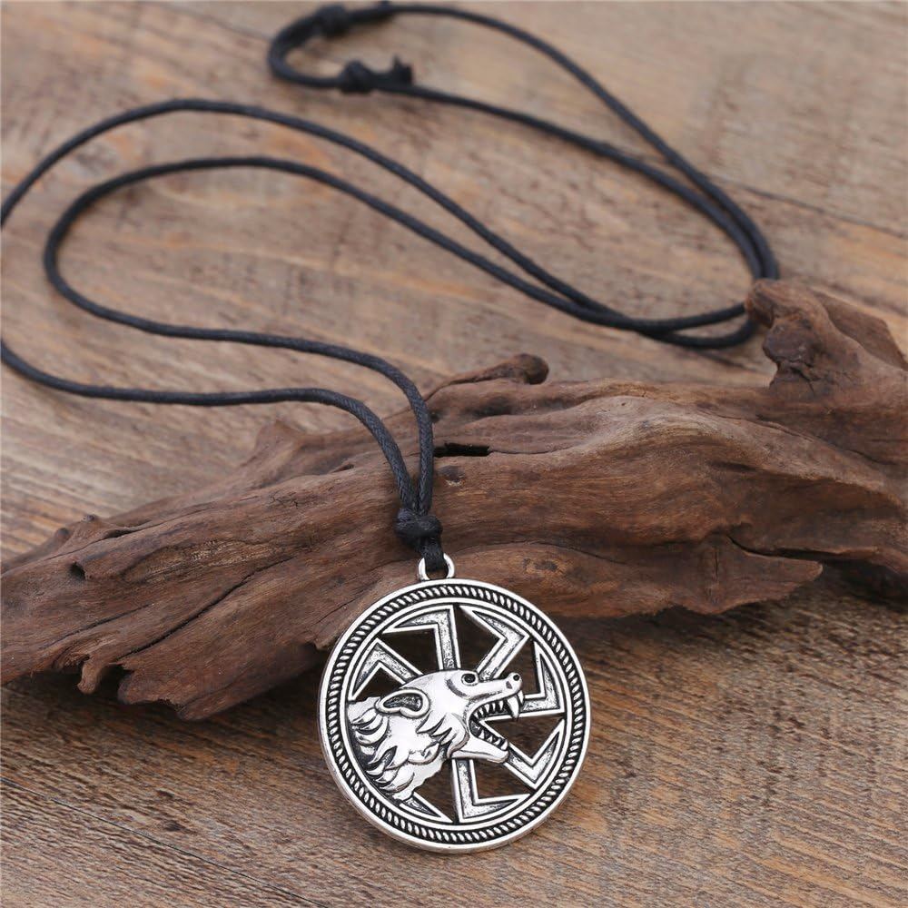 (Antique Silver) - Wicca Vintage Bold Punk Wild Animal Wolf Head Sun Wheel Runes Amulet Pattern Necklace image number 3