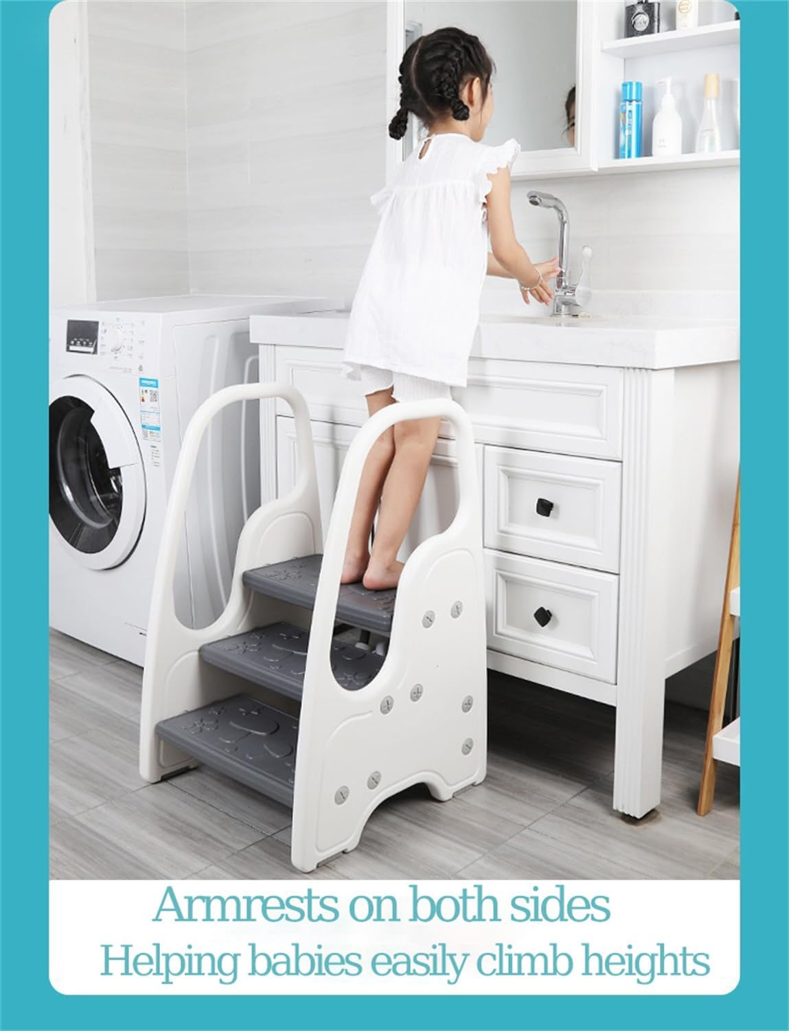 Tcoiyt Adjustable 2 Steps to 3 Steps Toddler Step Stool, Toddler Step Stool with Handles and Non-Slip Steps, Step Stool for Toilet Potty Training, Step Stool for Toilet Potty Training-White image number 3