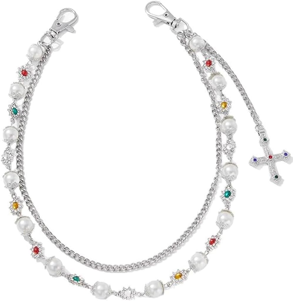 Layered Cross Pants Wallet Chains for Women Exquisite Gold Silver Crystal Pearl Jean Pocket Chain Bag Purse Charms Punk Jewelry for Women Men