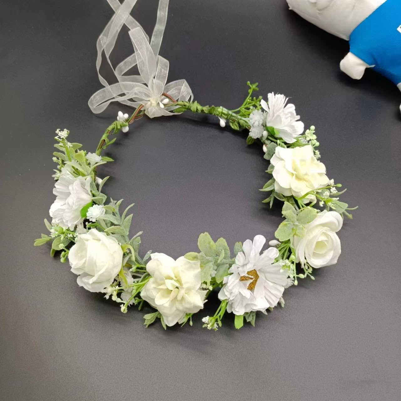 Flower Headband Artificial Floral Headpiece for Women Girls Halloween Renaissance Wedding Cosplay Party Hair Accessory (White, One Size) image number 2