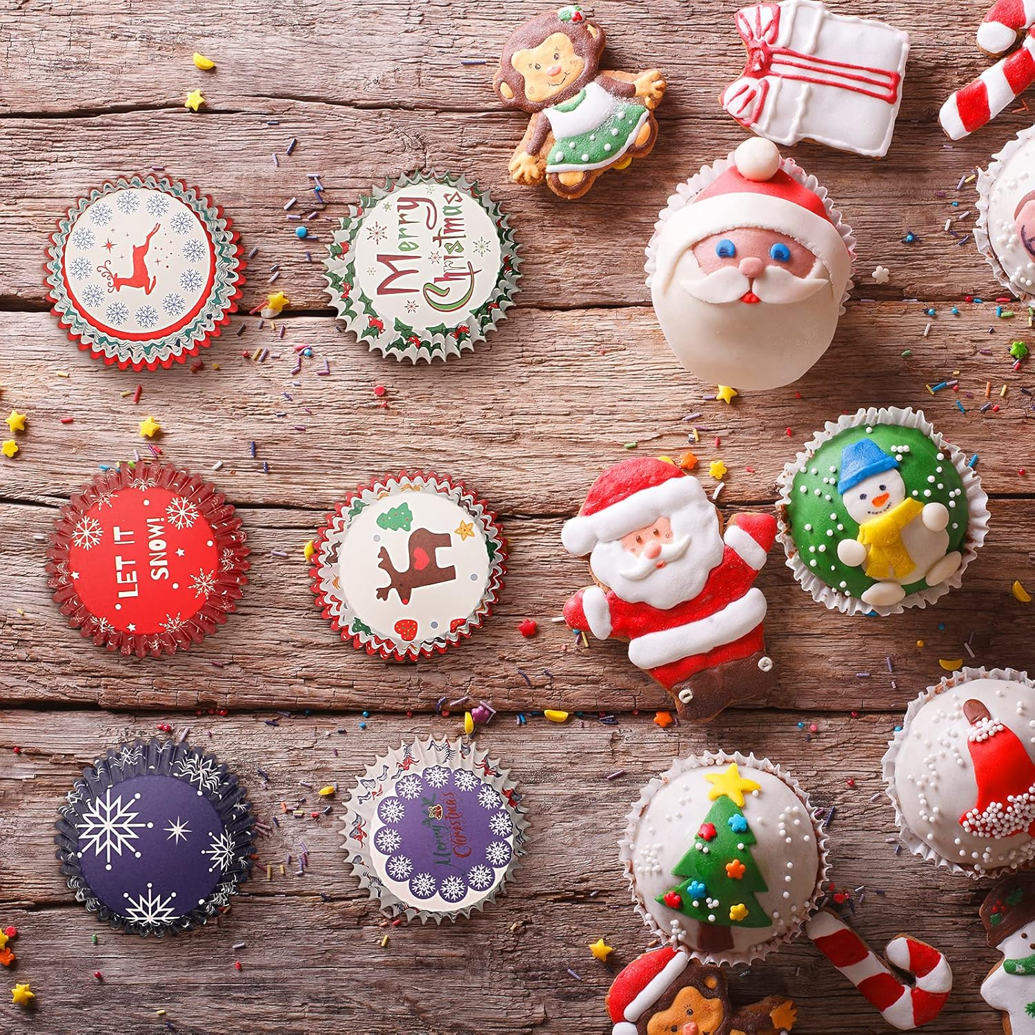 600 Count Christmas Cupcake Liners Muffin Cups Colorful Paper Disposable Cupcake Holders for Christmas Themed Party Decorations and Holiday Decorations (Charming Series) image number 1