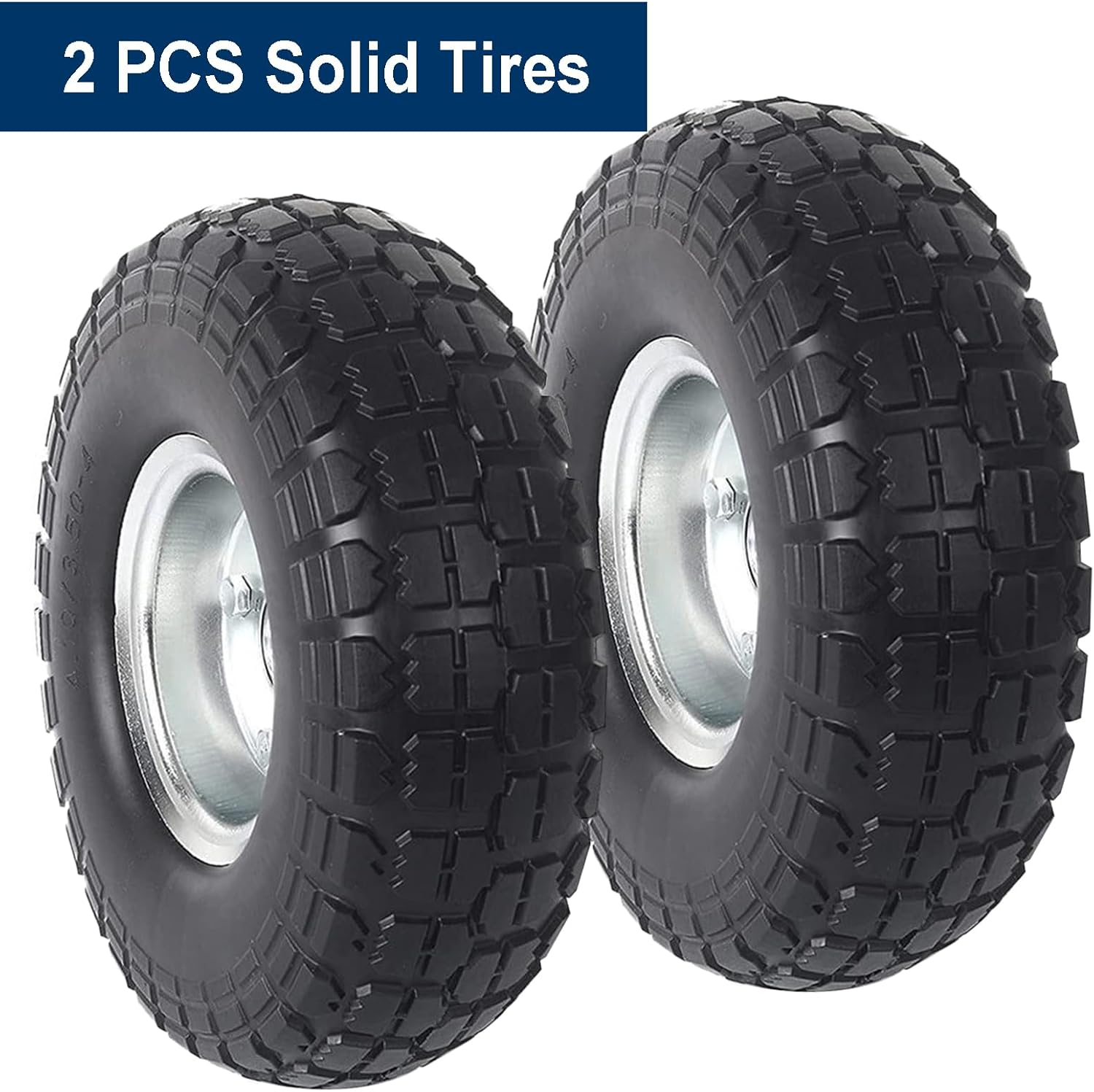 2 Pack 10" Flat Free Tires Solid Rubber Tyre Wheels, 4.10/3.5-4 Air Less Tires Wheels with 5/8" Center Bearings for Hand Truck, Trolley, Wheelbarrows, Garden Cart, Black