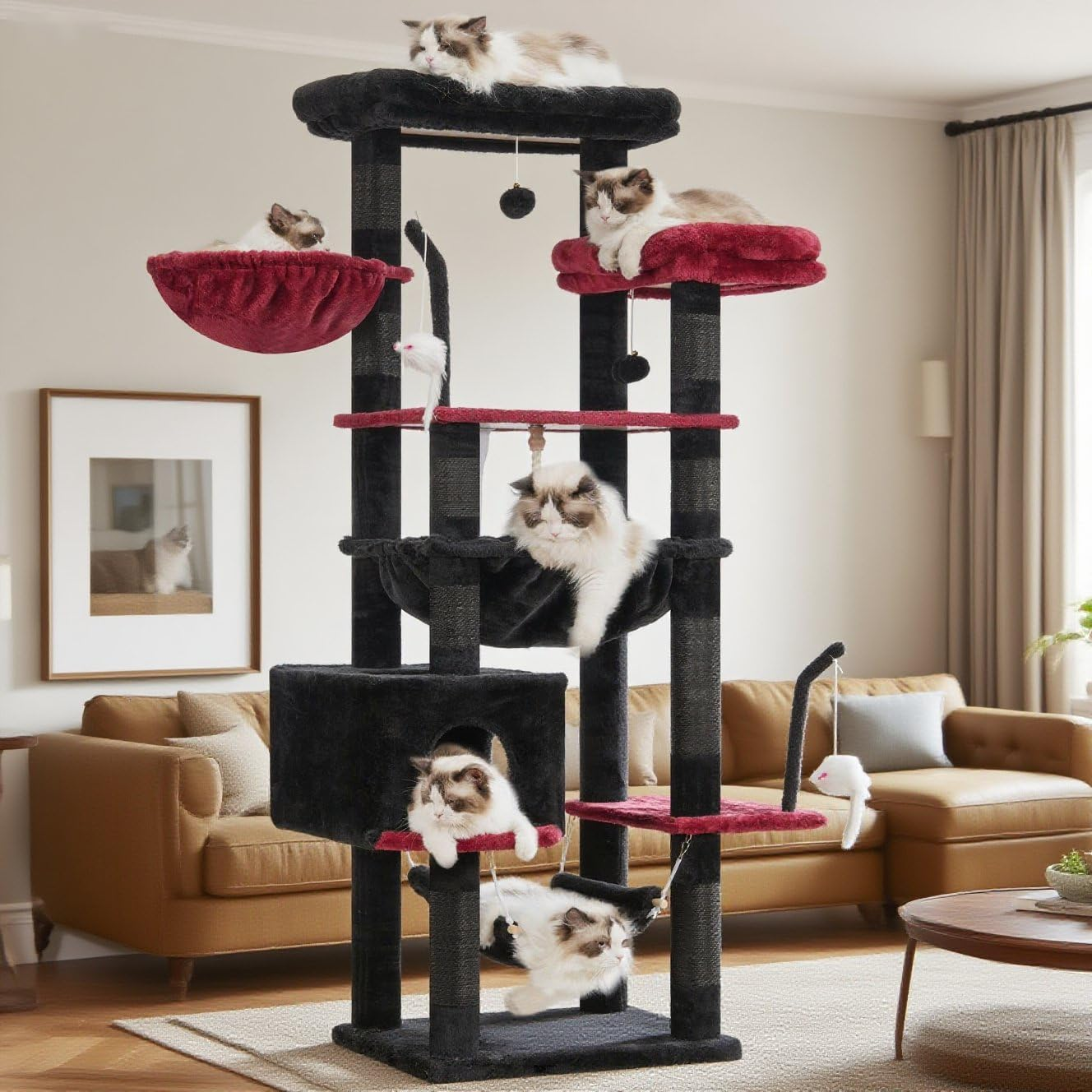 Gitelsnour Cat Tree, Cat Tower for Large Cats with 2 Big Platforms, 2 Baskets, Condo and Toys, 160Cm Cat Scratching Posts for Indoor Cats, Black and Red GCT020BR