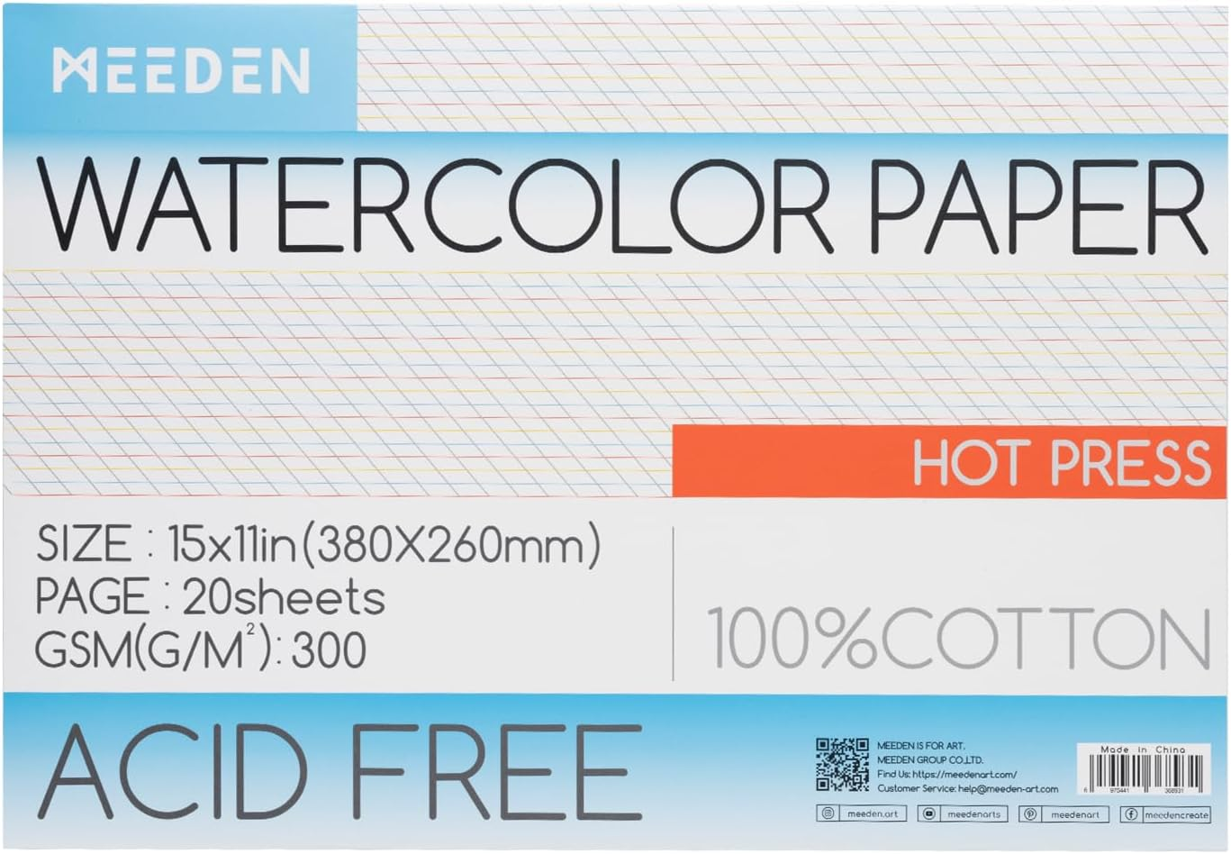 MEEDEN Watercolour Paper Block, 100% Cotton Watercolour Paper Pad of 20 Sheets, 140Lb/300Gsm, Acid-Free Art Paper for Watercolour, Gouache, Ink and More, 10" X 7" Rough Grain