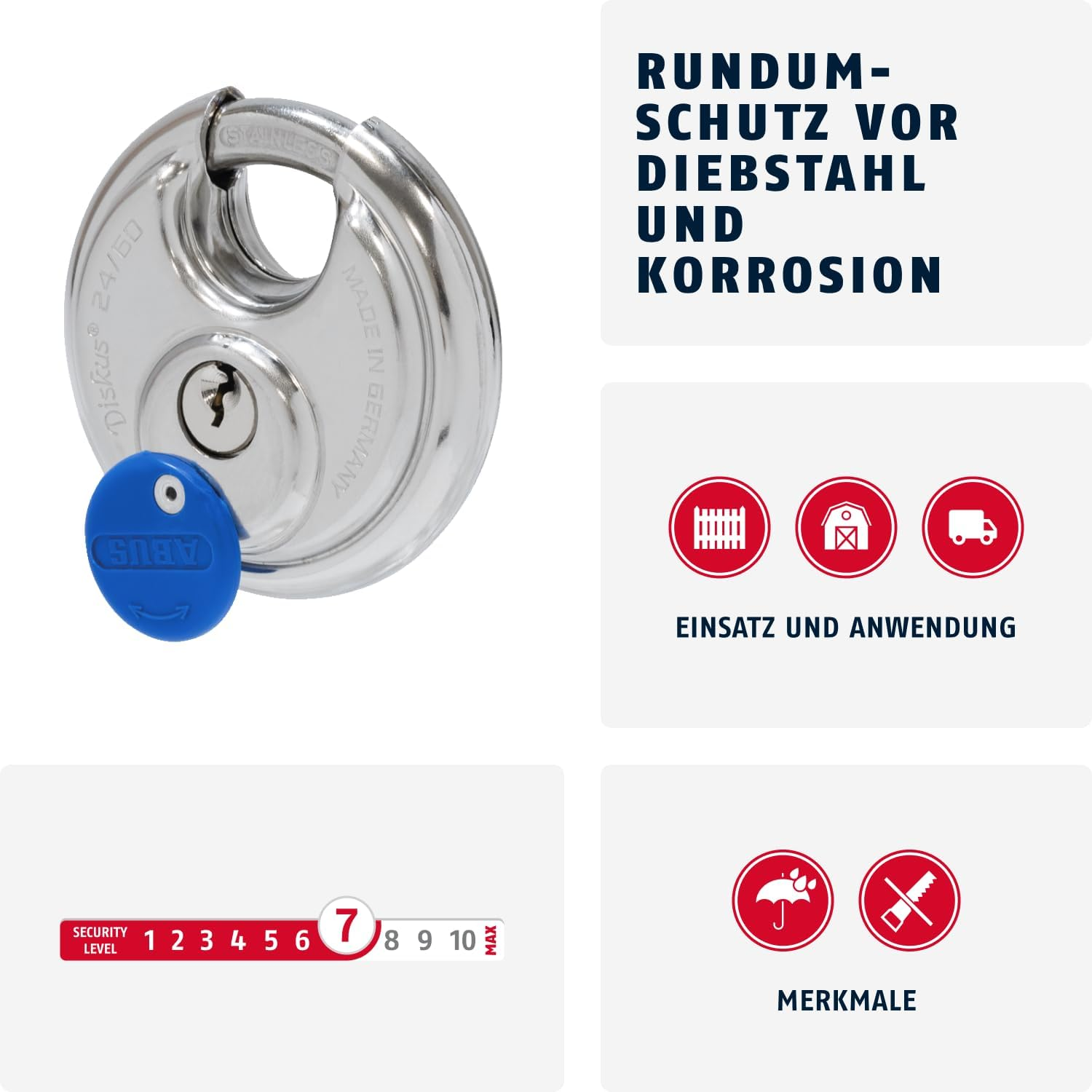 ABUS Diskus Padlock 24IB/60 Made of Stainless Steel - with 360&deg; All-Round Protection - for Securing in Extreme Weather Conditions - 05633 - ABUS Security Level 7 - Silver/Blue image number 1