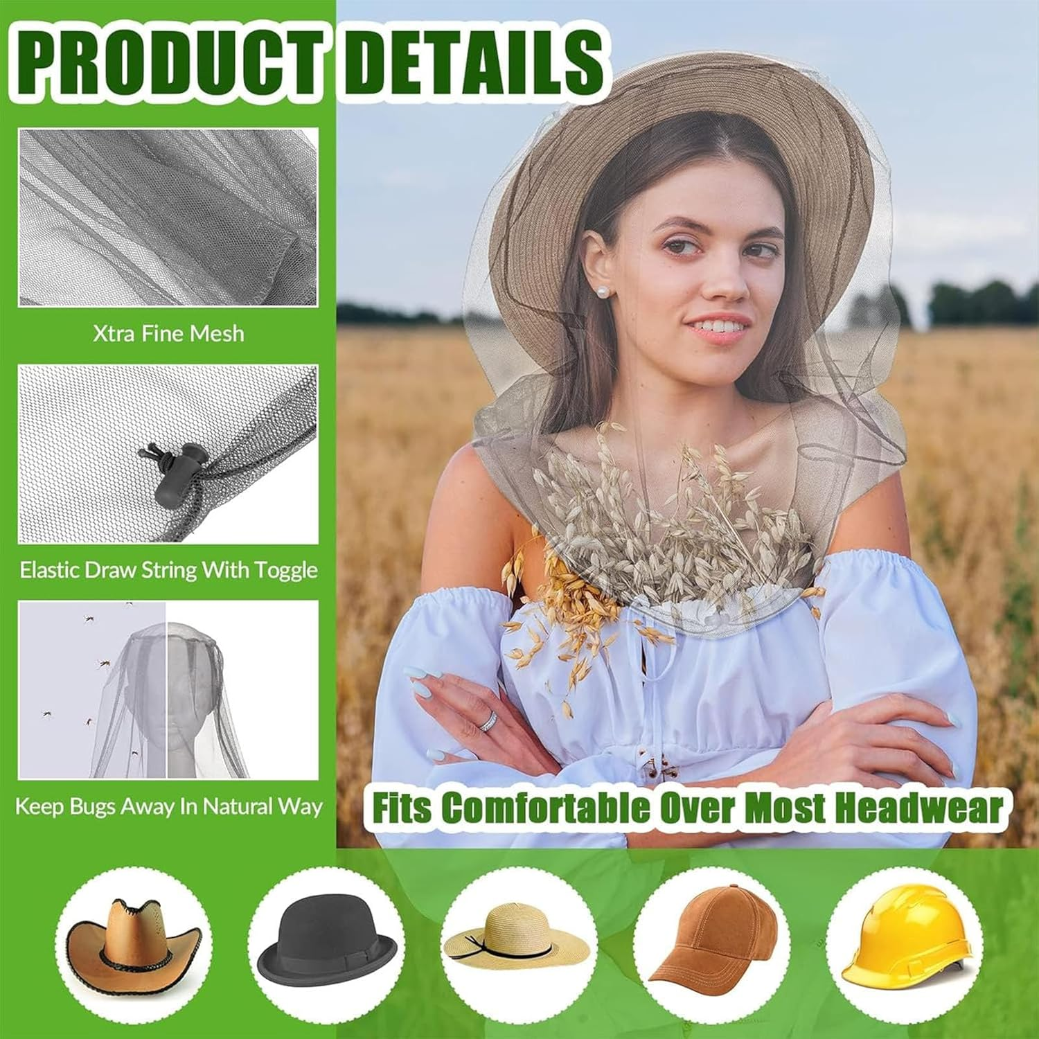 5 PCS Mosquito Head Net Face Mesh, Head Protecting Net For,Camping Climbing Walking Mosquito Fly Insects Bugs Preventing (Regular Size, Grey) ﻿﻿﻿ image number 3