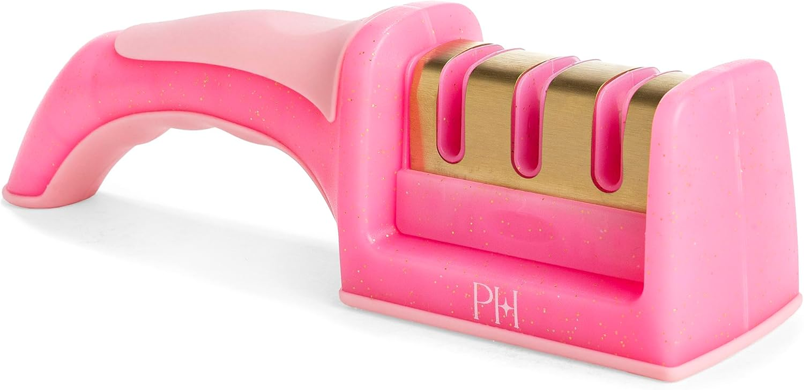 Paris Hilton 3-Stage Knife Sharpener, Professional Kitchen Knife Sharpener with Ergonomic Handle, Non-Slip Base, and Coarse, Medium, Fine Sharpening Stages, Pink image number 1