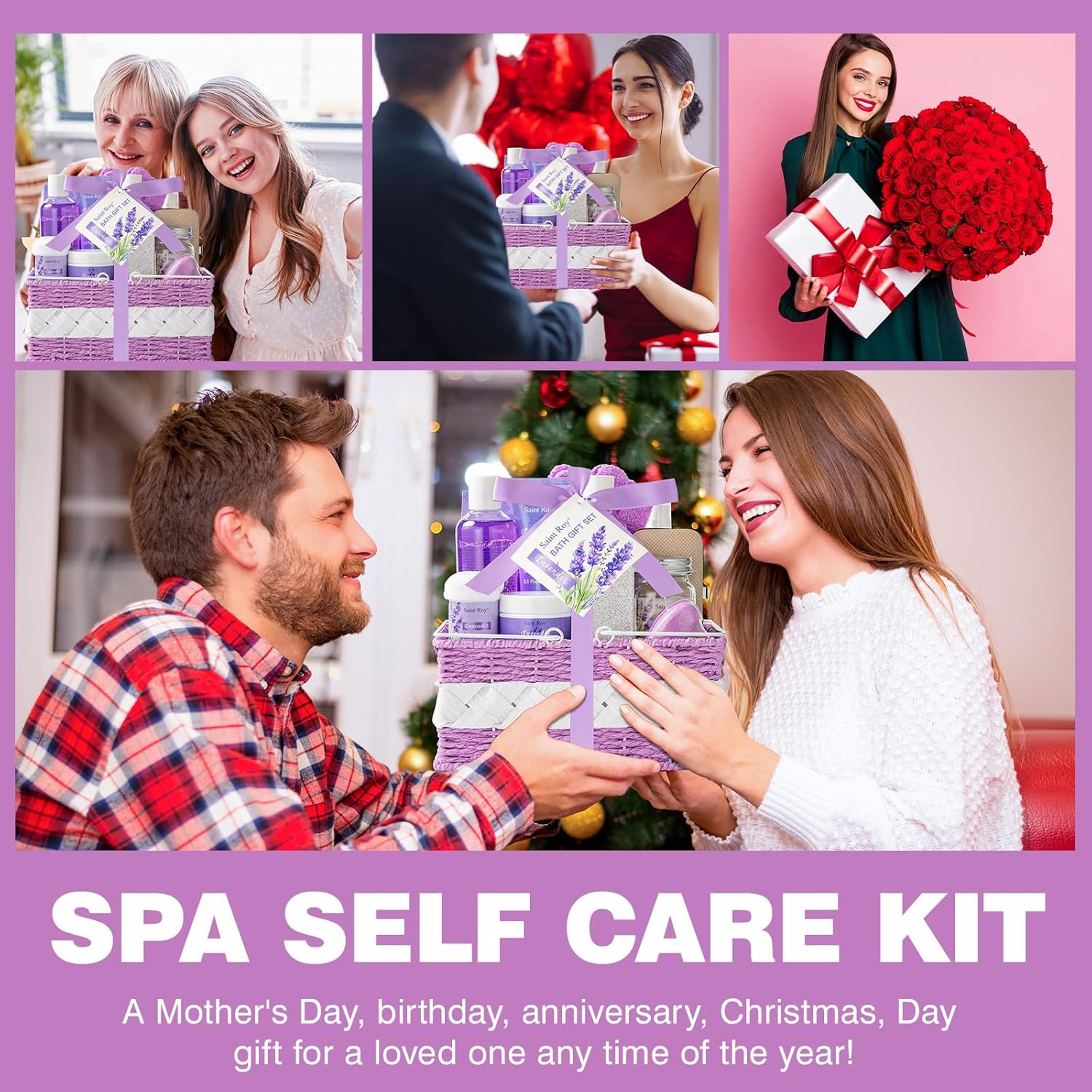 Bath Gift Basket for Women & Men, Luxury Self Care Home Spa Kit Lavender Bath Gift Basket 20Pcs Includes Nail Clippers Set, Pumice Stone, Bath Bomb, Candle, Bath Gloves & More Christmas Spa Gifts Mom image number 2