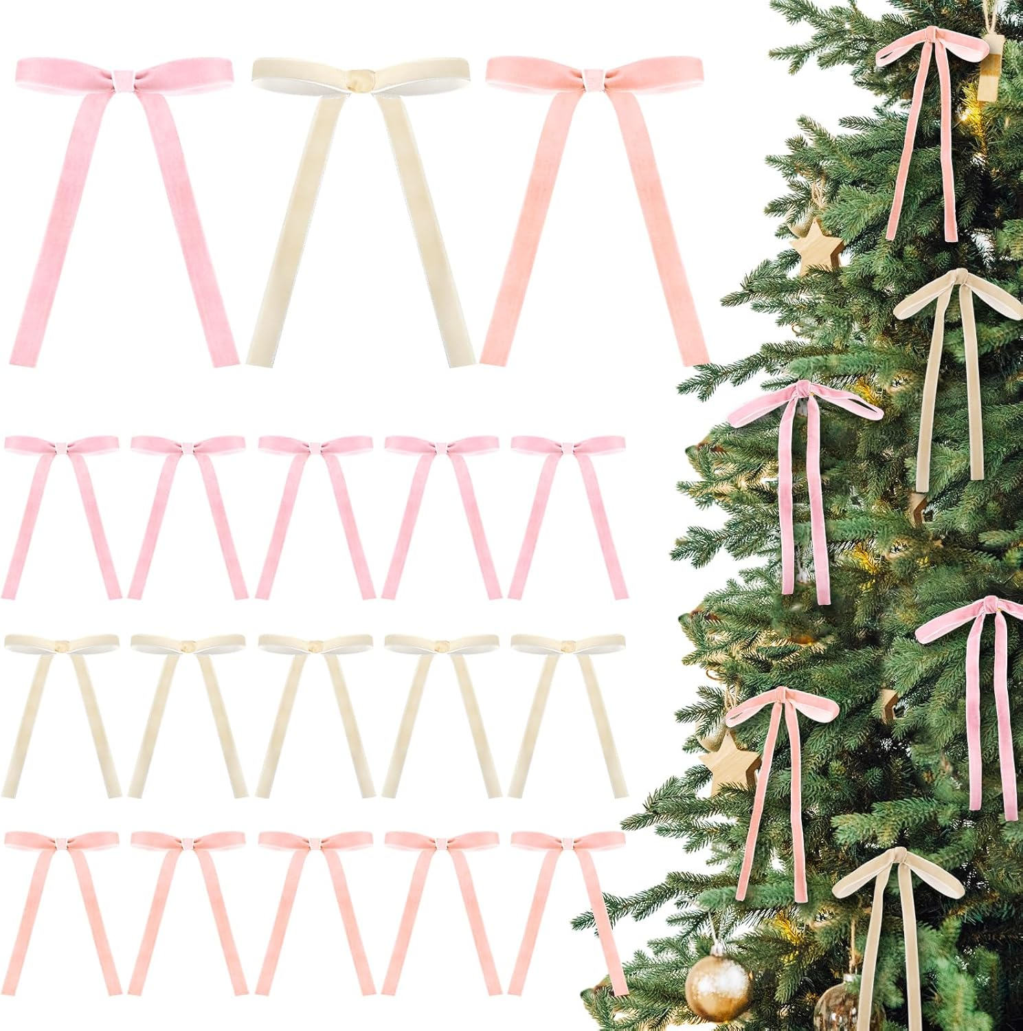 Brown,Dark Green,Beige 24 Pcs Velvet Bows Christmas Tree Ornaments Valentines Day Bows Decoration for Garland Home Coquette Wedding Decor (9 X 13 Inch,Width of 3/8")