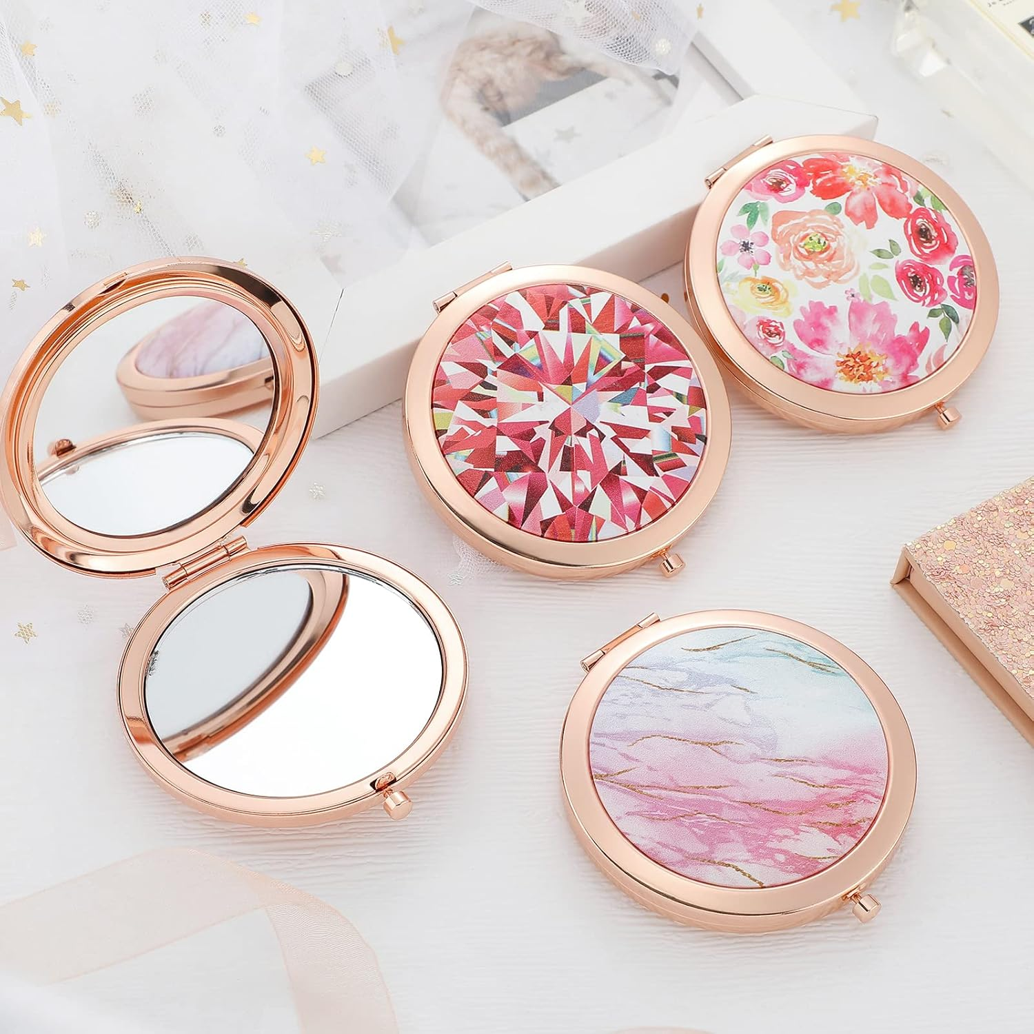 Chunful 4 Pcs Floral Pocket Mirror for Women Bulk Rhinestone Rose Gold Compact Mirror Vintage Engraved Pocket Makeup Double Sided with 1X/2X Magnifying for Bridesmaid Wedding Gifts
