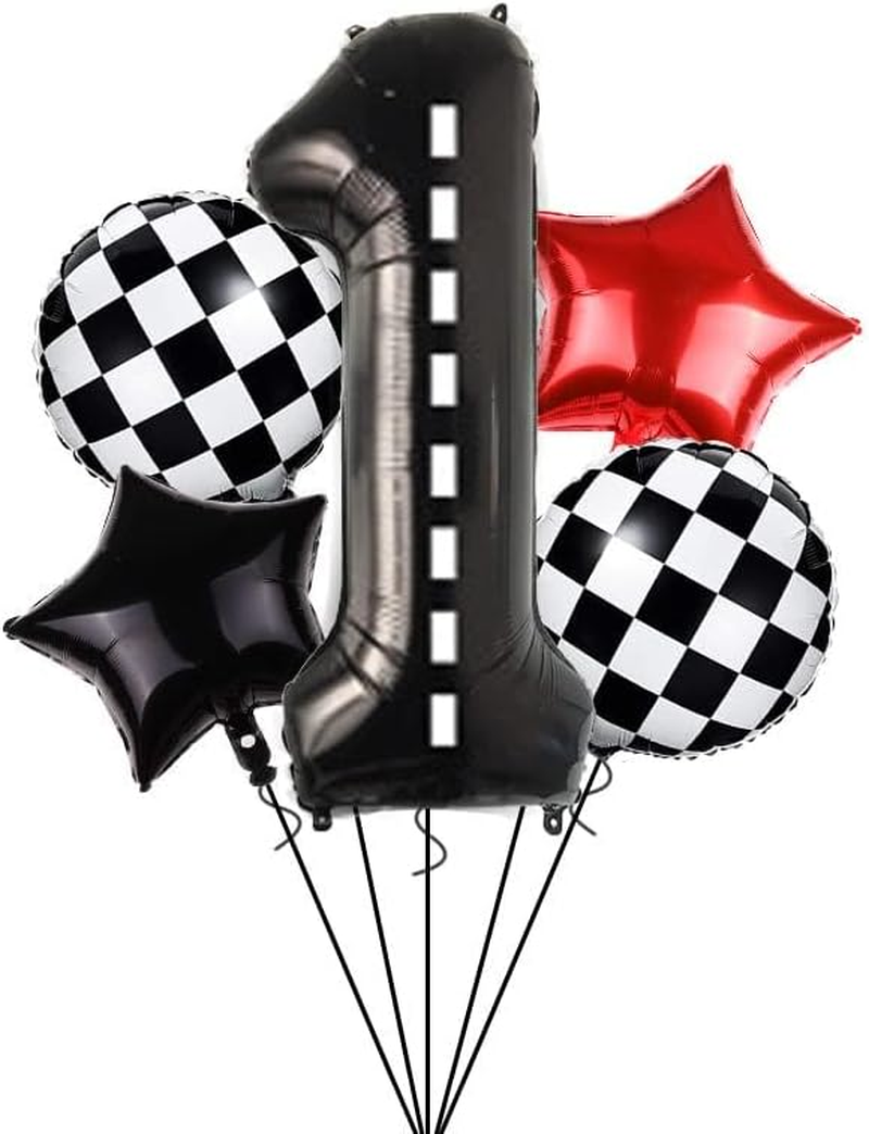 5Pcs Racing Car Balloon Set - Fast One Party Decoration with Number 1, Checkered Star, and Black White Balloons for Race Car Decor and 1St Birthday