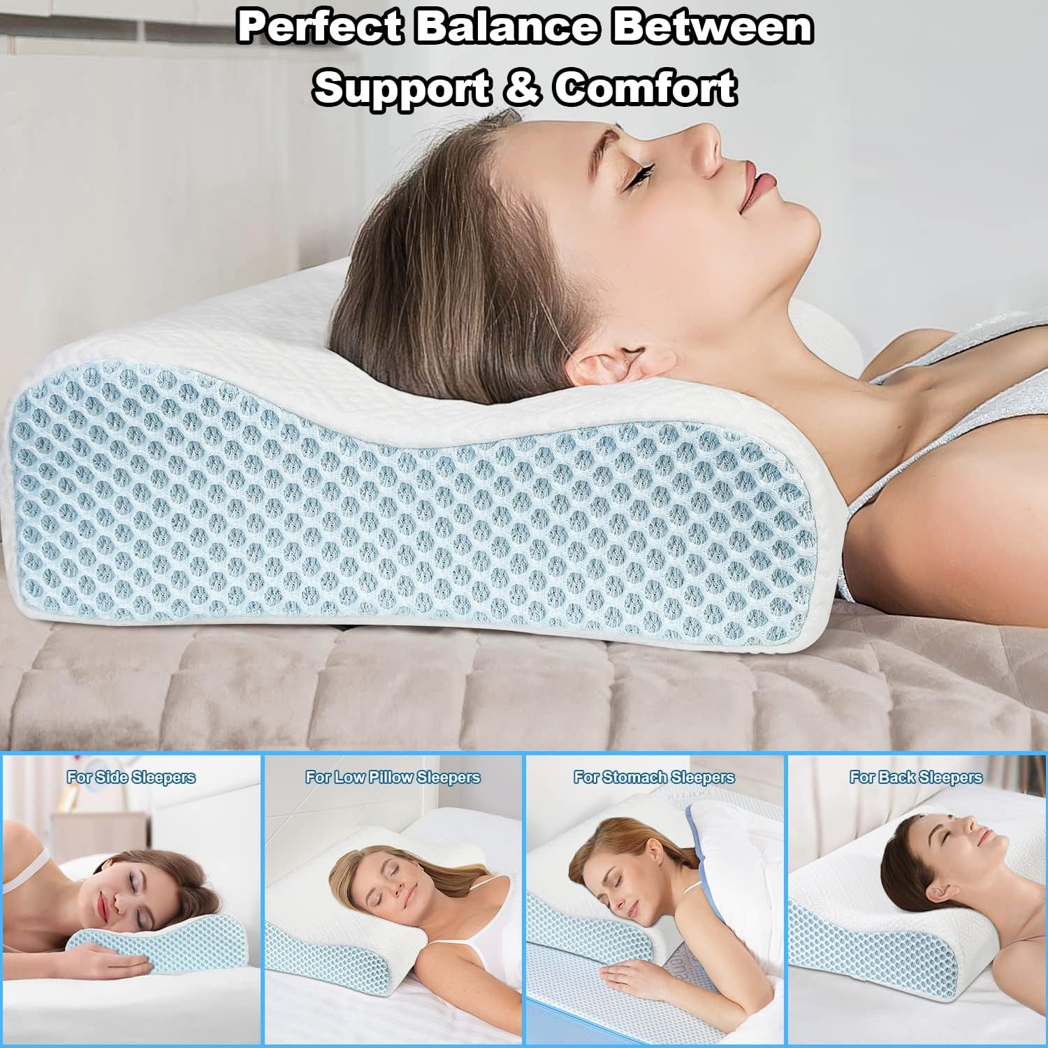 Neck Pillow Memory Foam, Neck/Shoulder Pain Relief, with Replacement Pillowcase【Cooling Ice Silk&Cotton】 Cervical Sleeping Pillow Neck Contour Support Bed Pillow for Side Back Stomach Sleeper image number 3