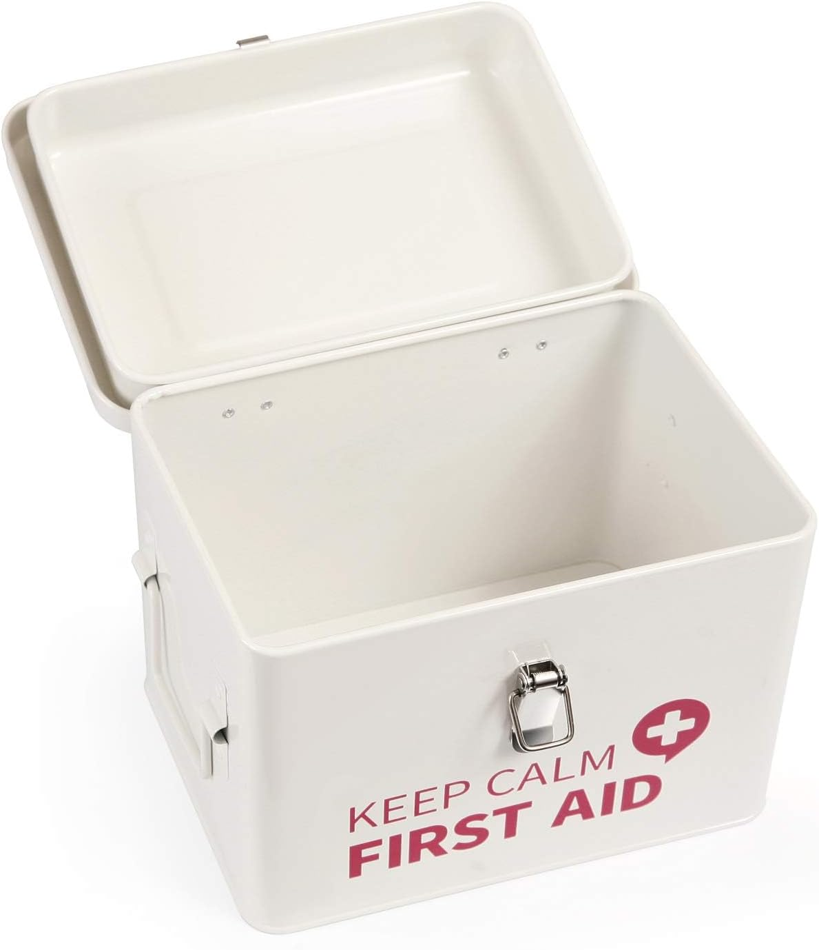 Keep Calm First Aid Medicine Organizer Storage Metal Box with Lid, Latch Closure, Removable Tray and Side Handles, Vintage Empty Box for Home, 9" X 6.3" X 6.5", Milky White image number 1