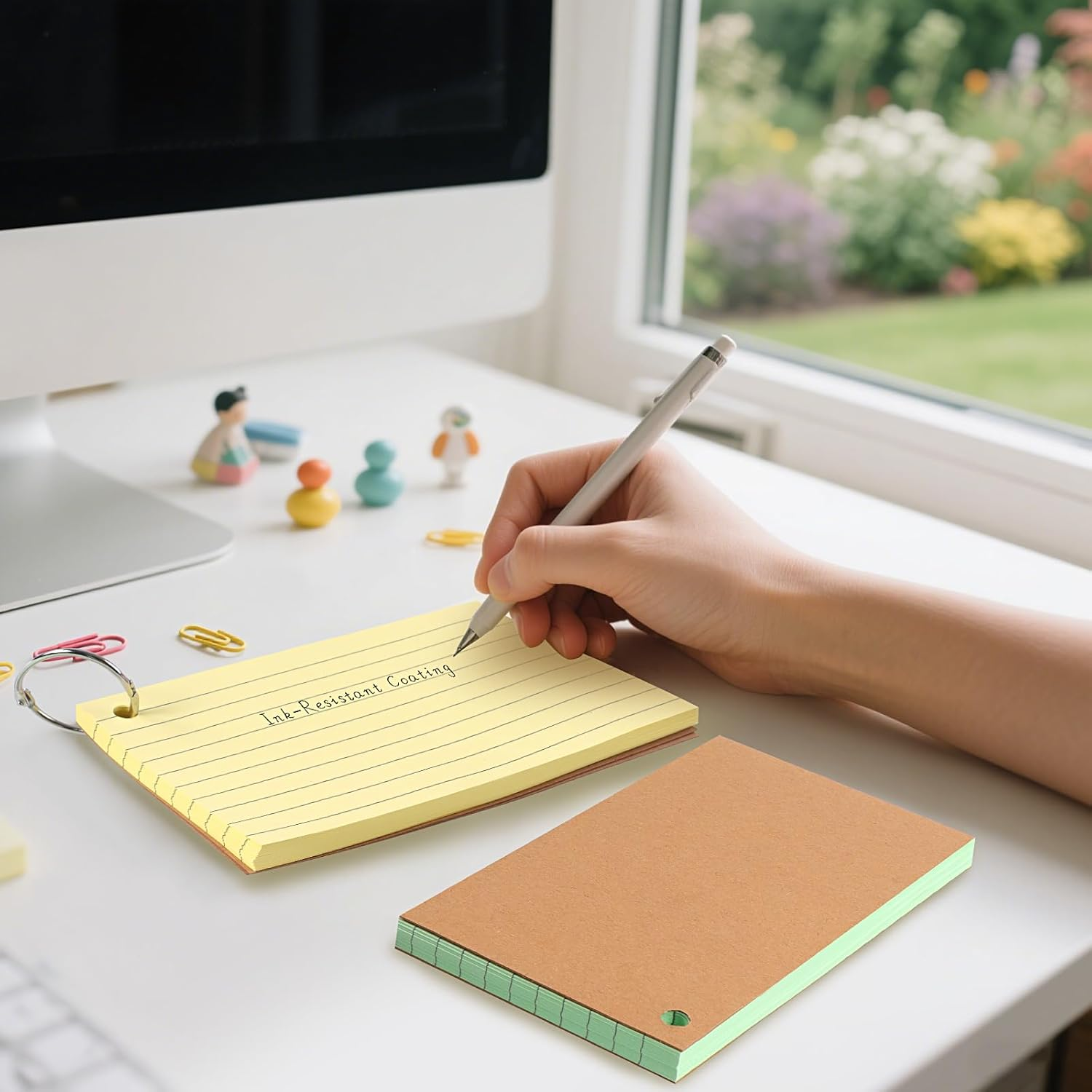 300 Sheet Flash Cards Revision, A7 Lined Index Cards with Kraft Paper, Flashcards with 6 Binder Rings, Cue Cards for Office, School, Home Study Records image number 3