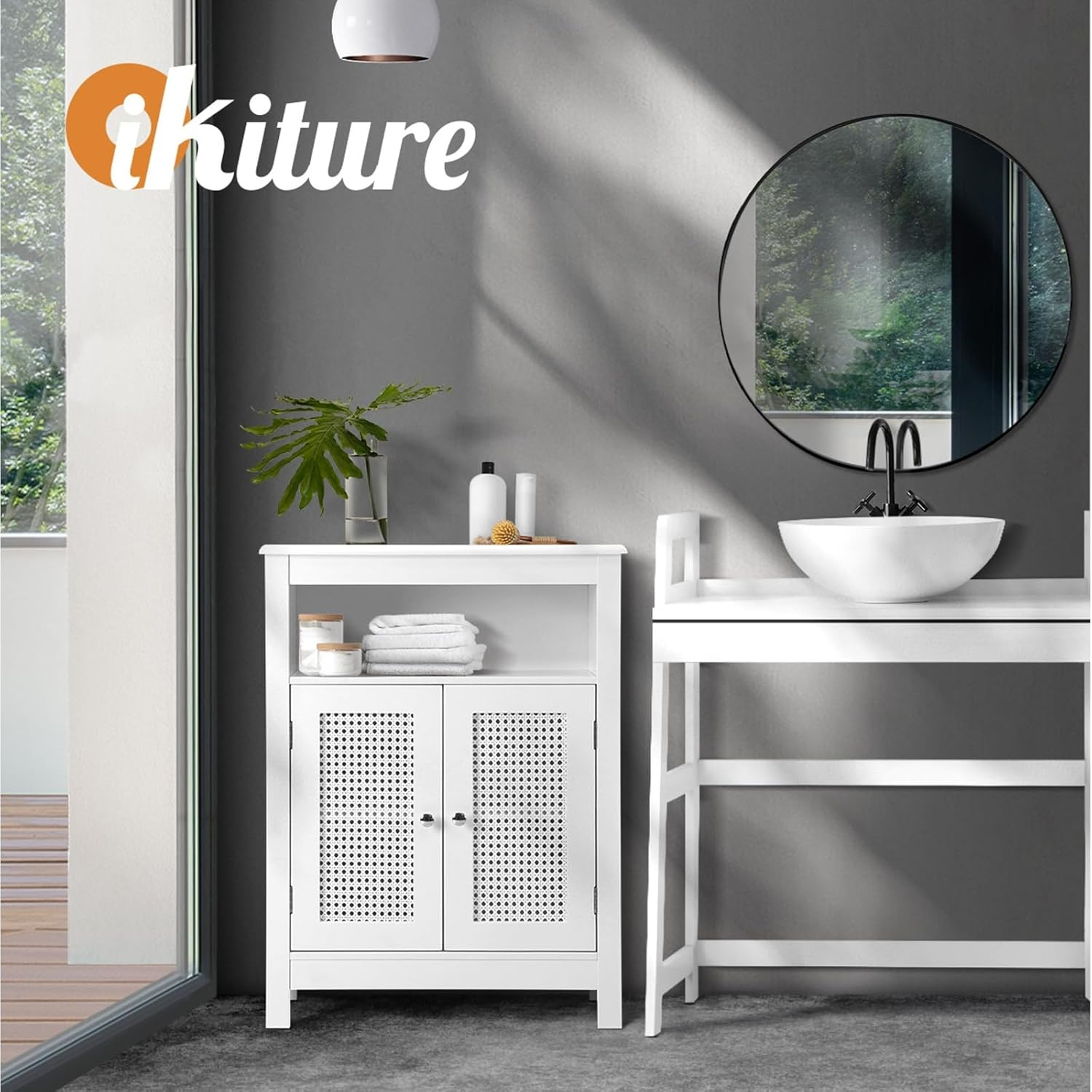 Oikiture 80Cm Bathroom Storage Cabiner with 3 Shelves and Rattan Door Hallway Sideboard Cupboard Standing Floor Buffet Side Cabinet White image number 3