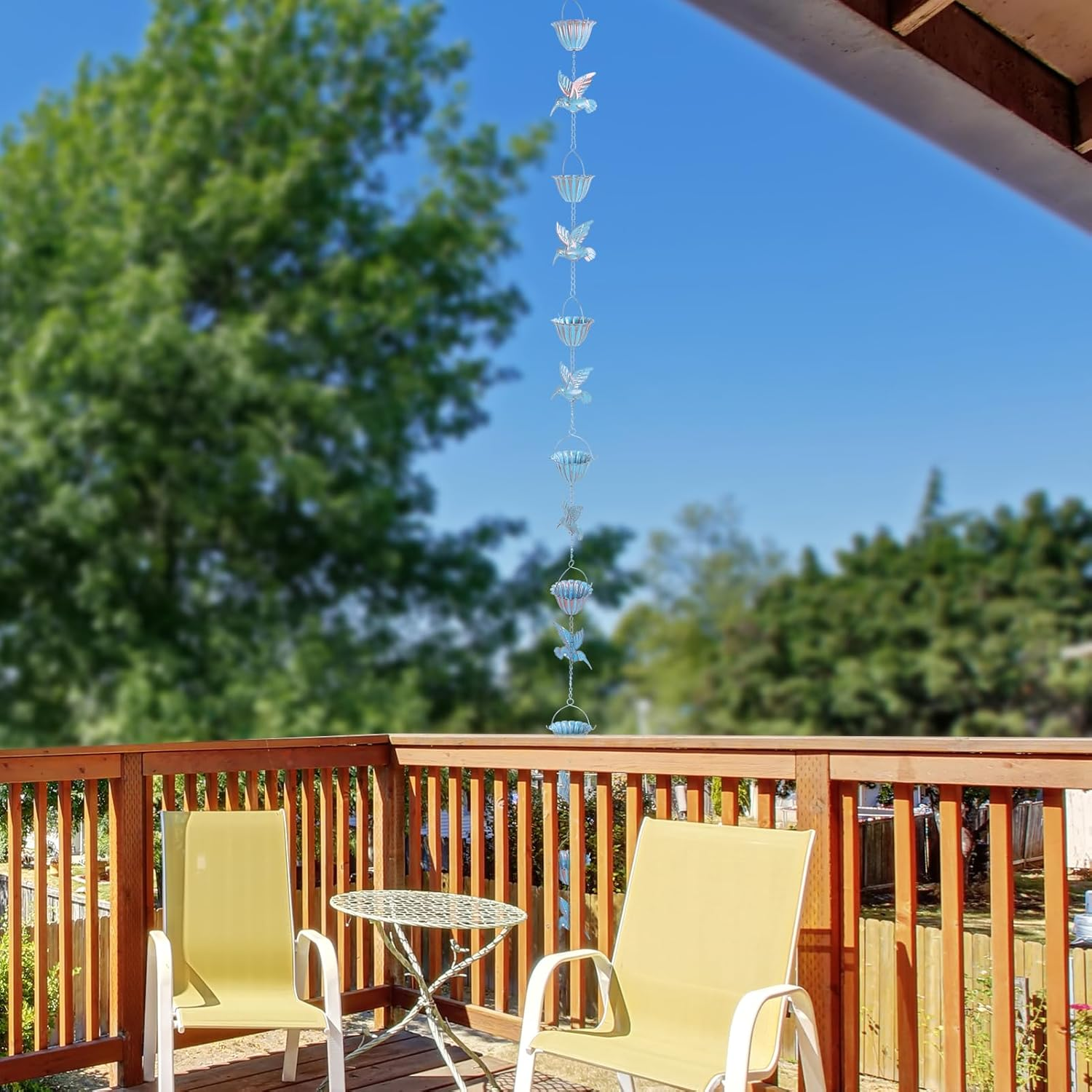 Metal Rain Chain, 7.9 Foot Rain Catcher Chain with 7 Water Cups and 7 Removable Hummingbird Decorative Rain Chains, Easy to Install Gutter Rain Collector Chain for Eaves Drainage