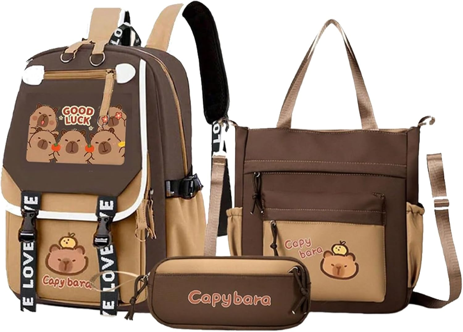 Gupcaqosjw Backpack for Girls,Cute Junior High School Capybara Bookbag - Stylish Children Bookbag with Messenger Bag and Pencil Case for Textbooks Water Cups Stationery Pen Tissue