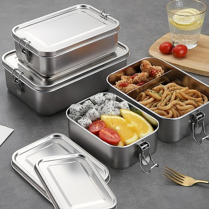 2-Pack Stainless Steel Lunch Box Set【1400Ml & 550Ml】&ndash; 1400Ml Leak-Proof Lunch Box with Divider & 550Ml Metal Snack Container, Reusable Food Storage for Work, School, and Outdoor Meals image number 4