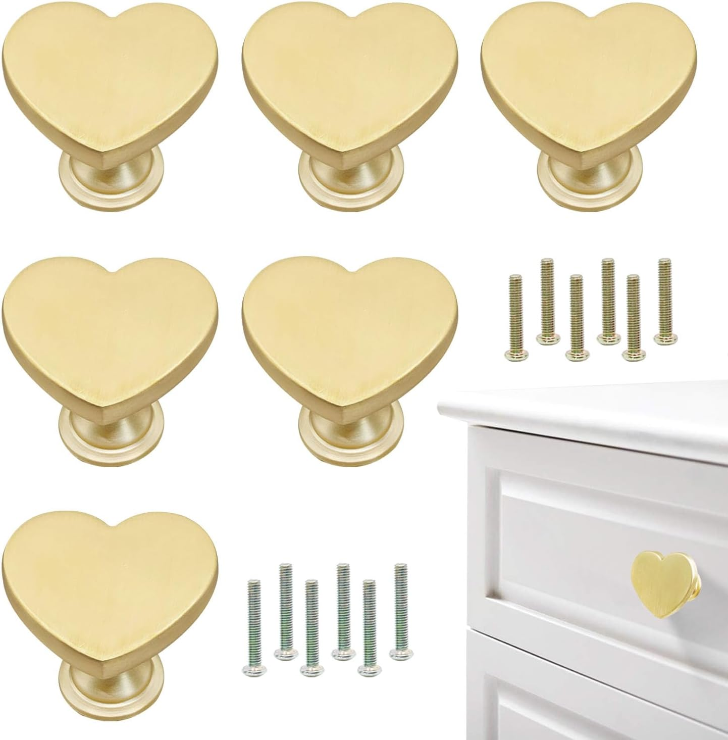 YYMSEN 6 Pcs Brass Heart-Shaped Gold Cabinet Knobs, Suitable for Bathroom & Kitchen Drawer Pulls