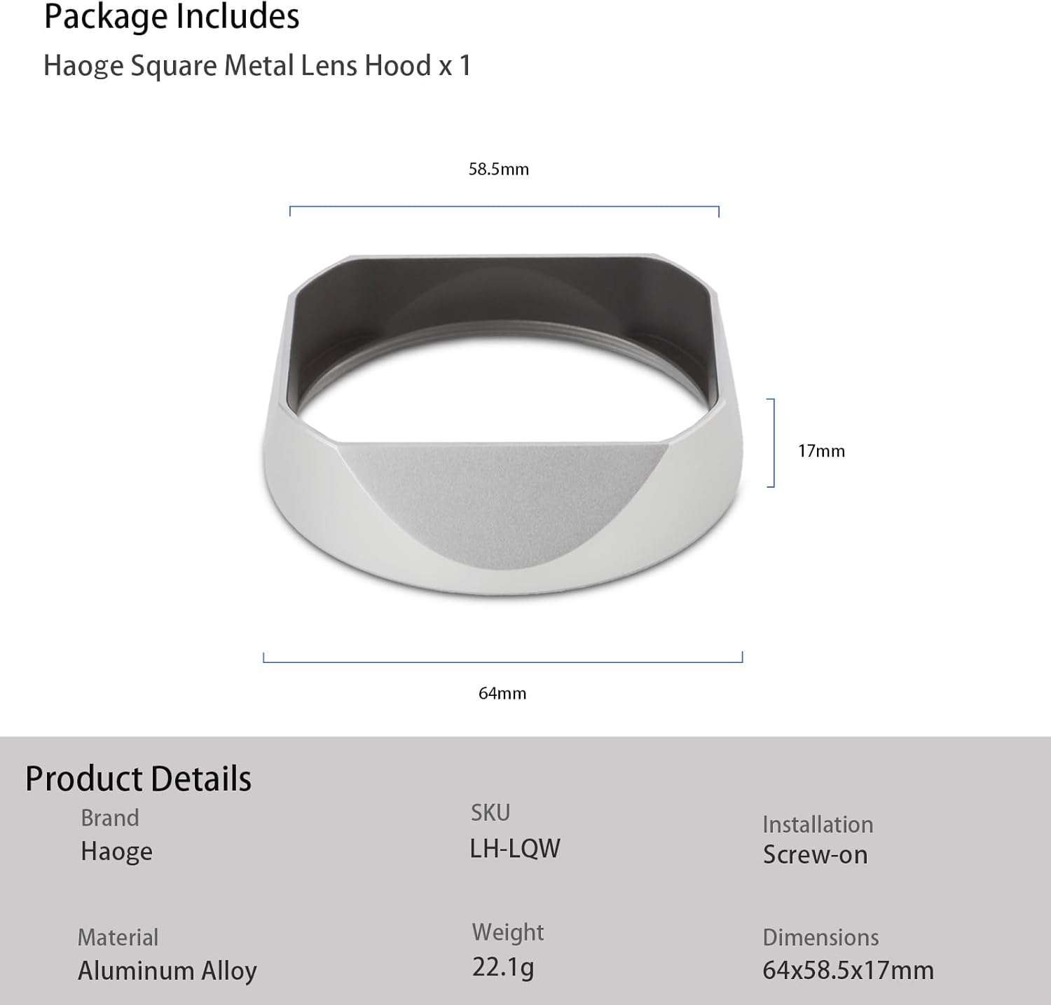 Haoge Metal Square Lens Hood for Leica Q3-43 Q3 Digital Camera Accessories LH-LQ343W Silver image number 3