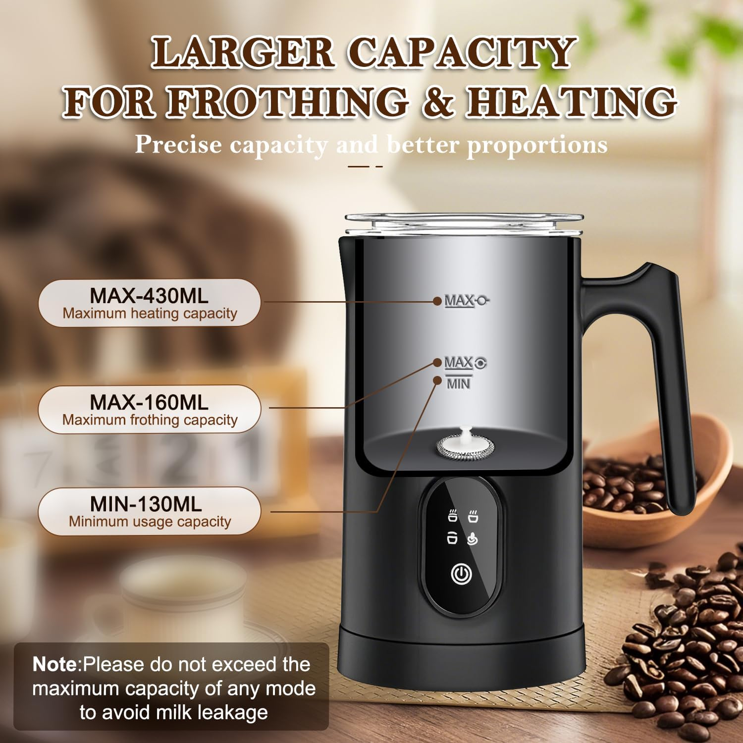 Milk Frother, Necomi Electric Milk Frother, Milk Heater 14.54Oz/430Ml 4 in 1 Coffee Steamer Frother, for Frothing and Heating Milk, for Latte, Cappuccino, Macchiato