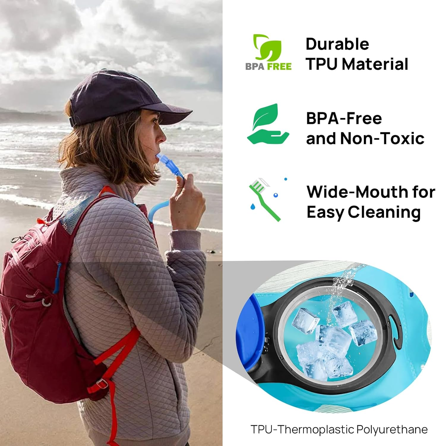 TUDEQU TPU 2L Hydration Bladder,Leak-Proof,With Bonus Insulated Sleeve,Keeps Ice Water Cold,Water Bladder for Hiking,Cycling image number 6