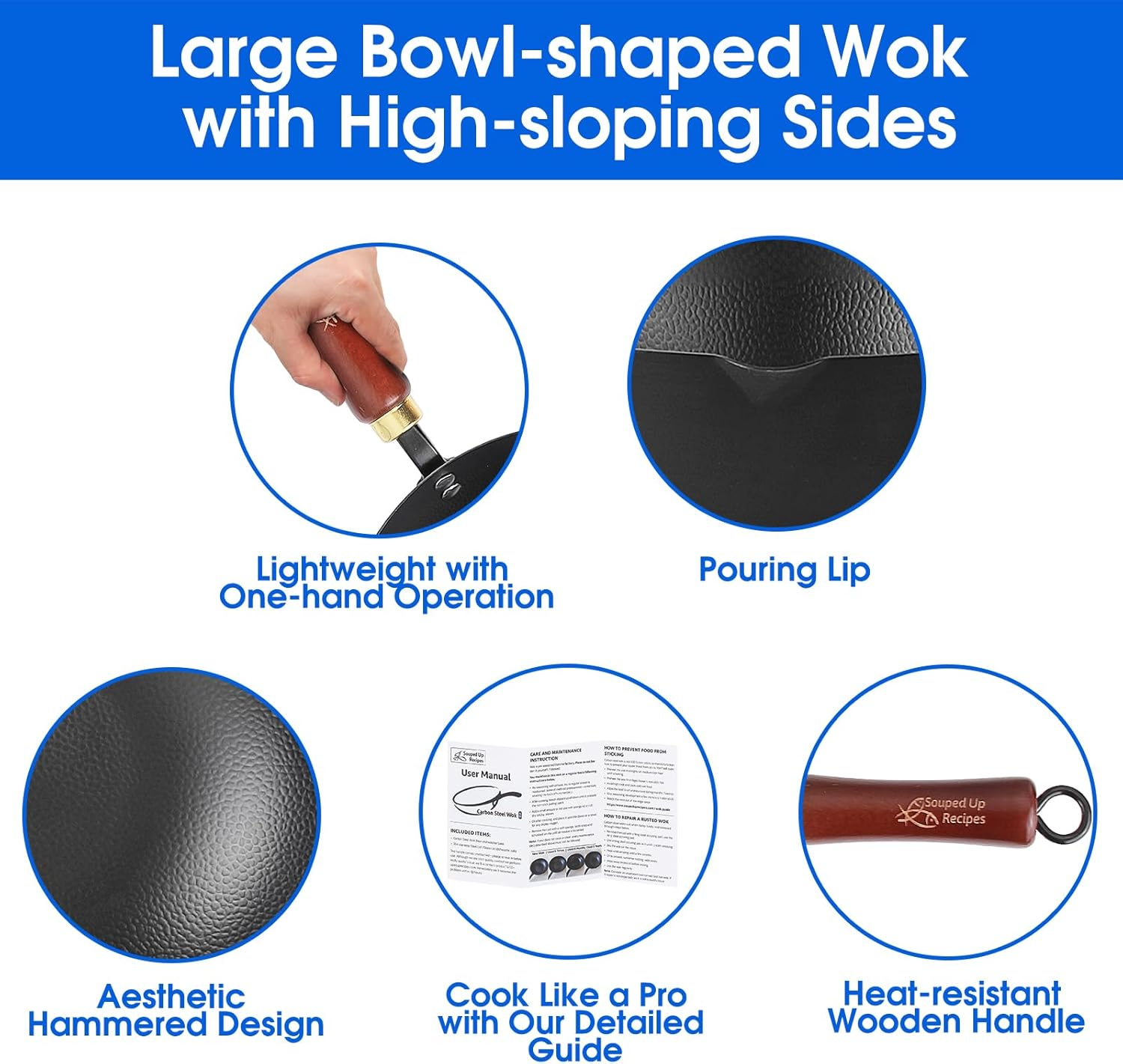 Souped up Recipes 10 Inch Carbon Steel Wok for Electric, Induction and Gas Stoves (Lid and User Guide Video Included) image number 1