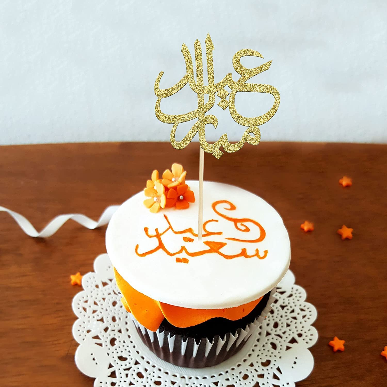 Confetti! 24Pcs Gold Glitter Eid Mubarak Cupcake Toppers Arabic Happy Eid Ramadan Kareem Cake Decorations Islamic Muslim Party Supplies Decorations image number 2