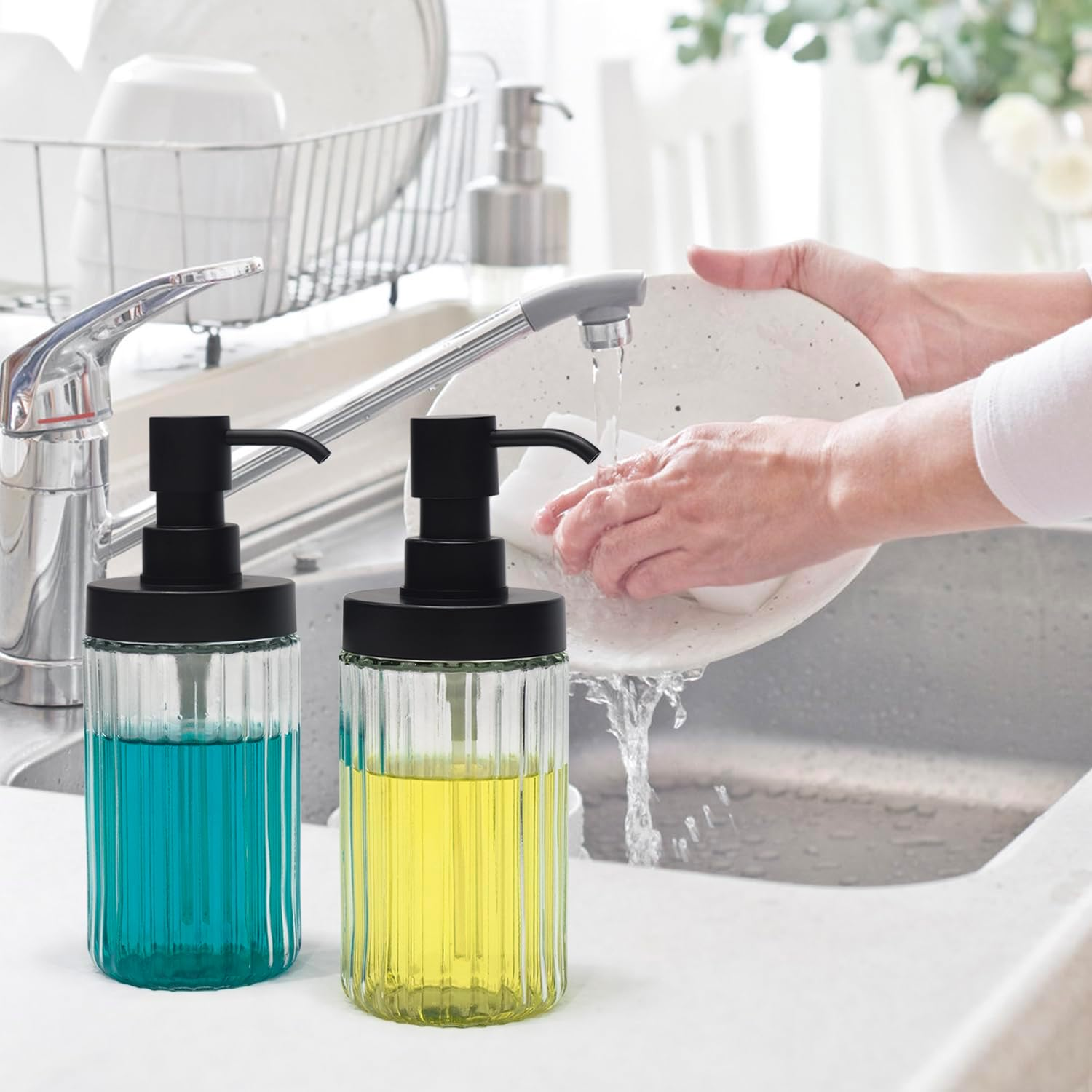 2 PCS Glass Soap Dispenser Set for Bathroom & Kitchen Sink Refillable Liquid Soap Bottle with Squeeze Pump for Hand Dish Soap, Shower Gel, Shampoo and Conditioner-425Ml - Transparent image number 3