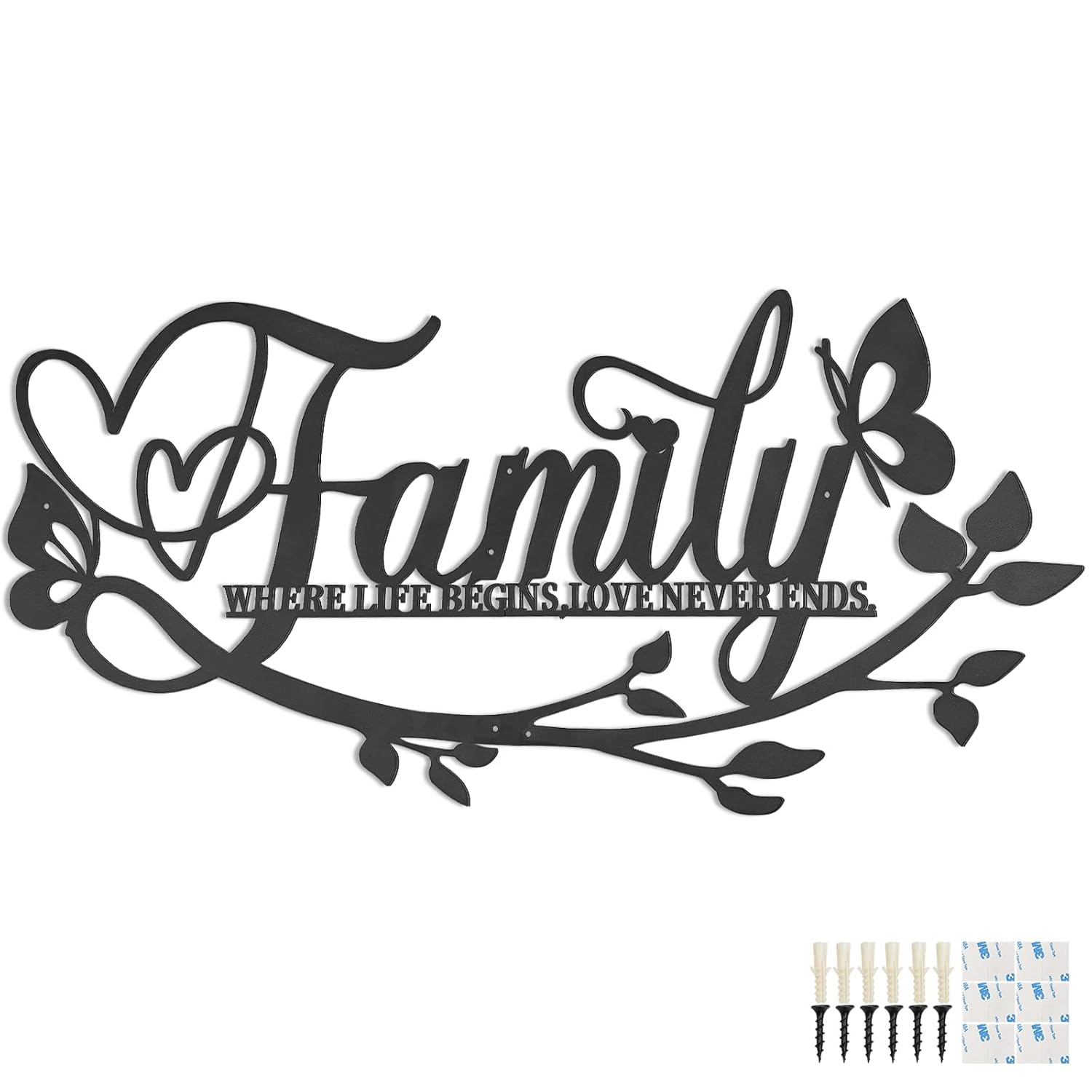 Family Where Life Begins Love Never Ends Word Sign Metal Wall Decor, Black Home Decor Wall Art Decorations, Letters Quotes Sign for Living Room Bedroom Kitchen Indoor Outdoor Decor(Black)