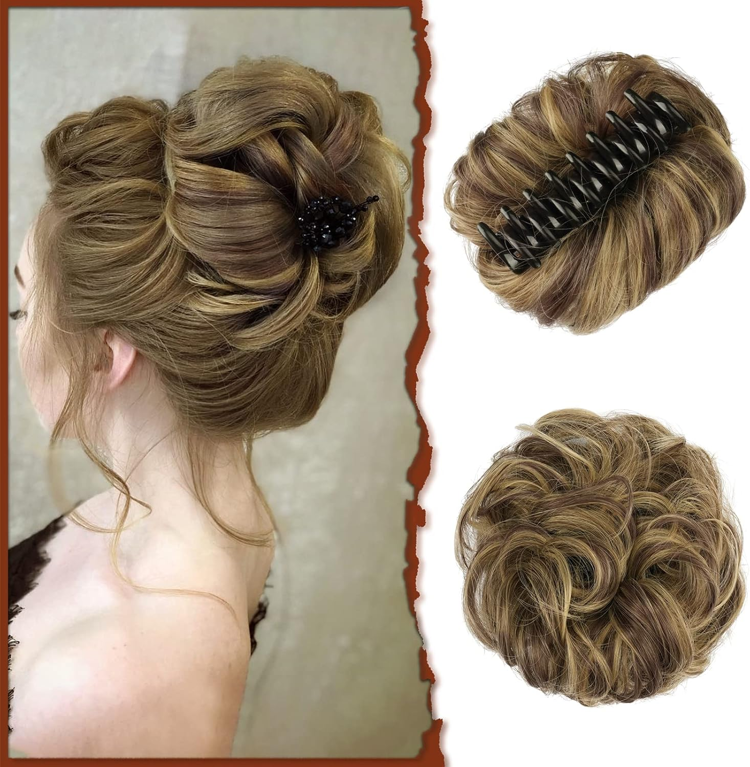 Sofeiyan Messy Bun Hairpiece Curly Hair Bun Claw Clip in Chignon Ponytail Hairpieces Synthetic Updo Hair Extensions for Women, Blonde & Medium Brown