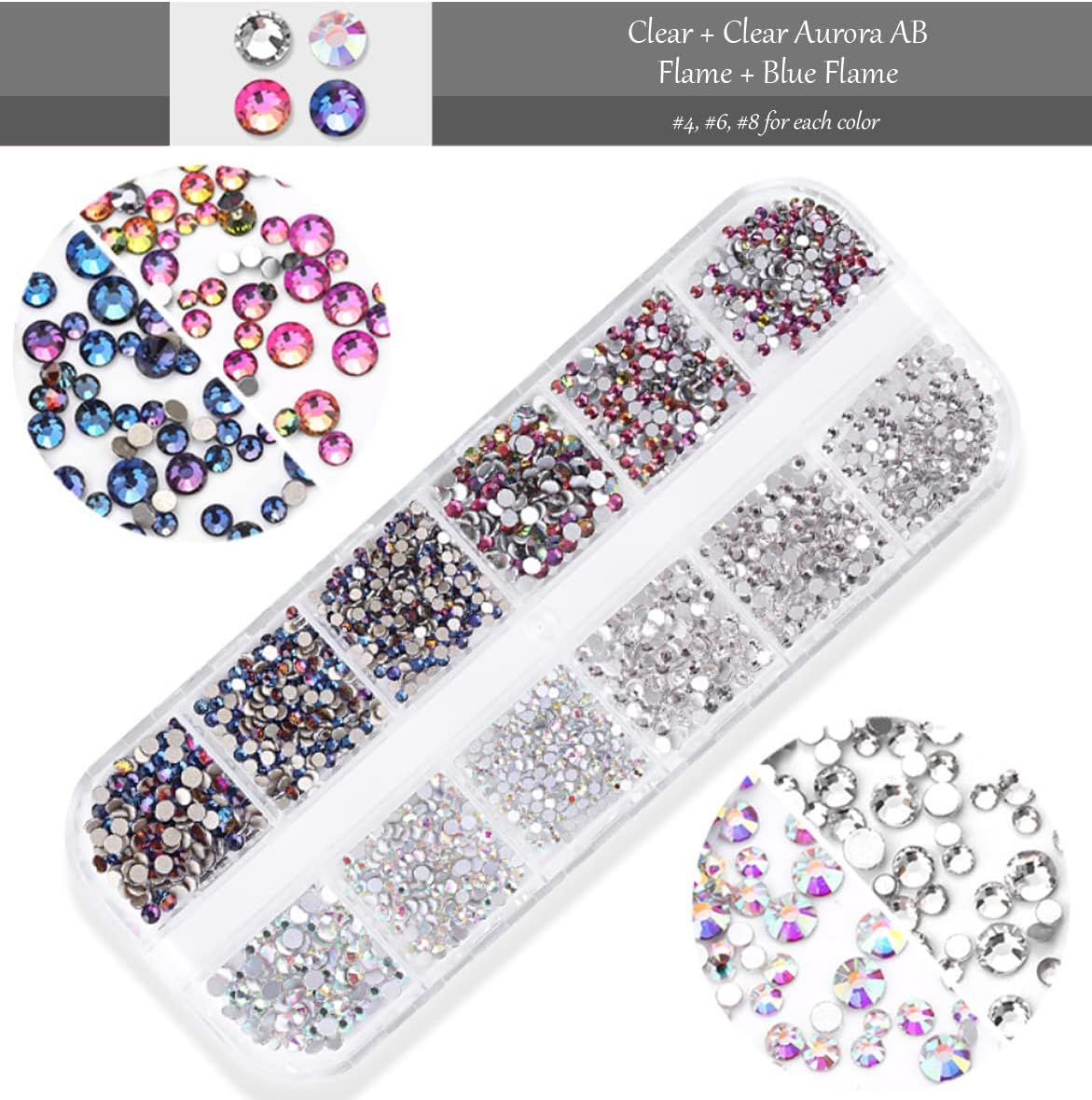 Nail Art Deluxe Flatback Rhinestones with Box (Clear + Clear Aurora AB + Flame + Blue Flame), Beauties Factory Nail Art Gems Crystals Decals (Color K) image number 4