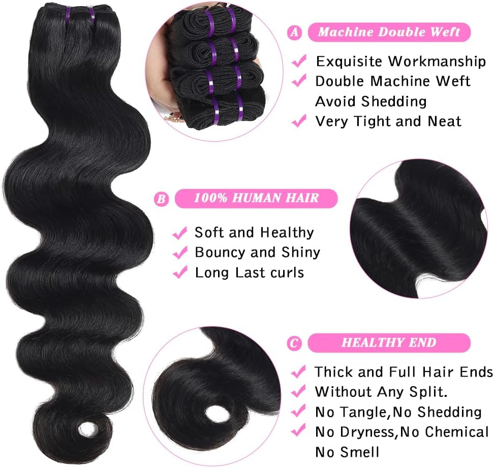 Beauty Queen 16A Body Wave Bundles Human Hair (20 18 16 Inch) 100% Unprocessed Brazilian Virgin Weave 3 Bundles Human Hair Full and Thick Remy Hair Extensions Natural Color for Women image number 3