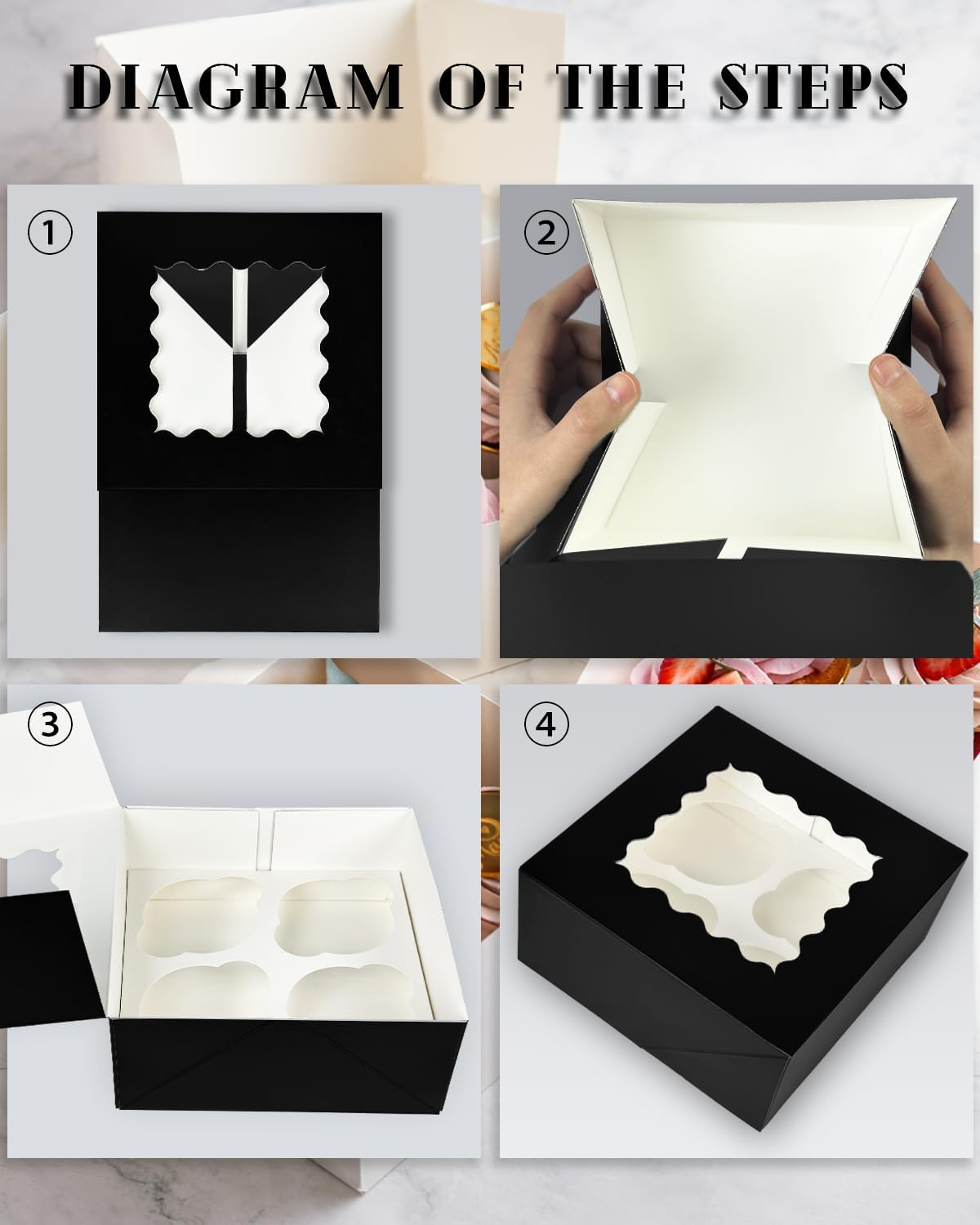 Qiqee Black 4 Cupcake Boxes with Window 12 Packs Cupcake Box 16X16X7.6Cm Bakery Boxes for Cupcakes Carrier, Cupcake Containers (6.3"X6.3"X3" Inch, Auto-Pop Up)