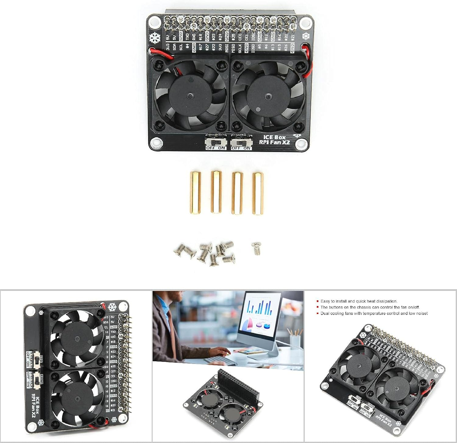 Bewinner Double Computer Case Cooling Fan, 40Pin Expansion Board Heat Sink Active Cooling Dual Fans with LED Light for 4B/3B+/3B Cooling Fan Water Cooling Systems image number 5