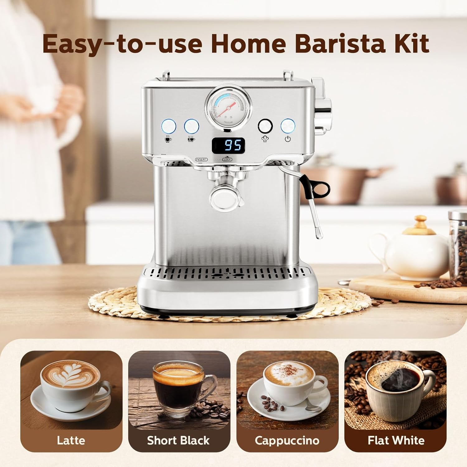 Maxkon Espresso Machine, 20 Bar Professional Espresso Maker, Milk Frother Steam Wand for Latte, Compact Stainless Steel Machine with 2L Removable Water Tank