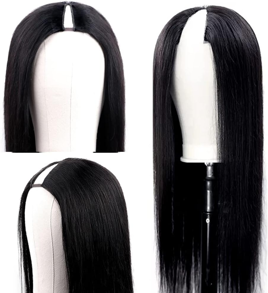 Amznlady V Part Brazilian Human Hair Straight Wigs for Black Women U Part Glueless Wig with Middle Clip image number 2