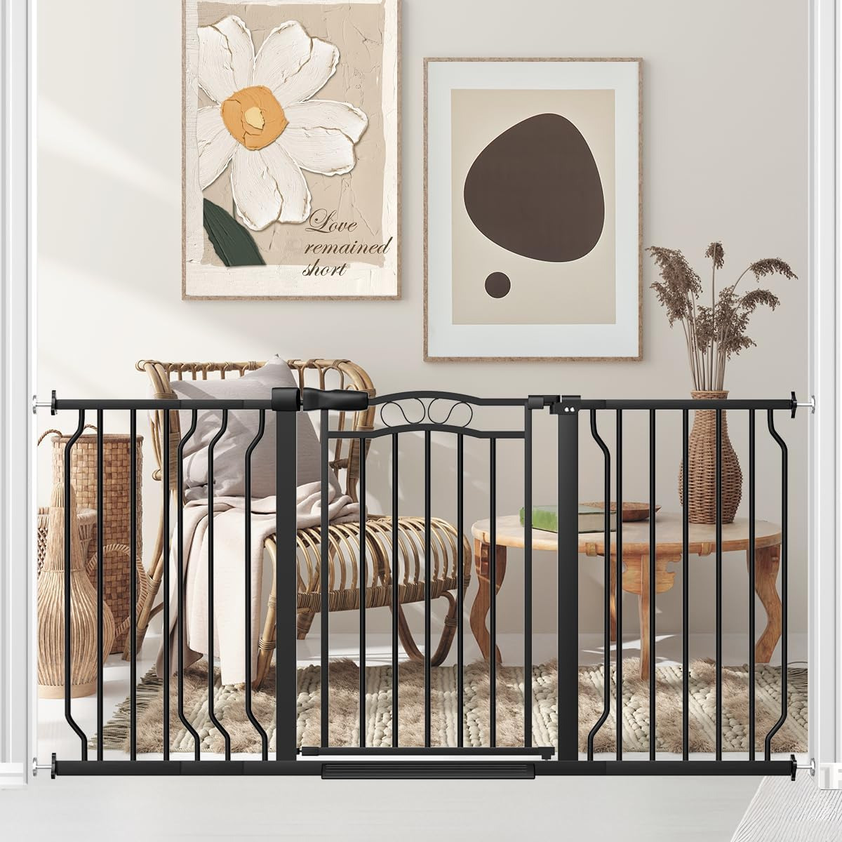 53.1-62.2" Extra Wide Baby Gate for Stairs No Drilling, 30" Tall Auto Close Press Mounted Baby Gate for Doorways, Adjustable Width Walk through Dog Gates for Doorways, Black image number 2