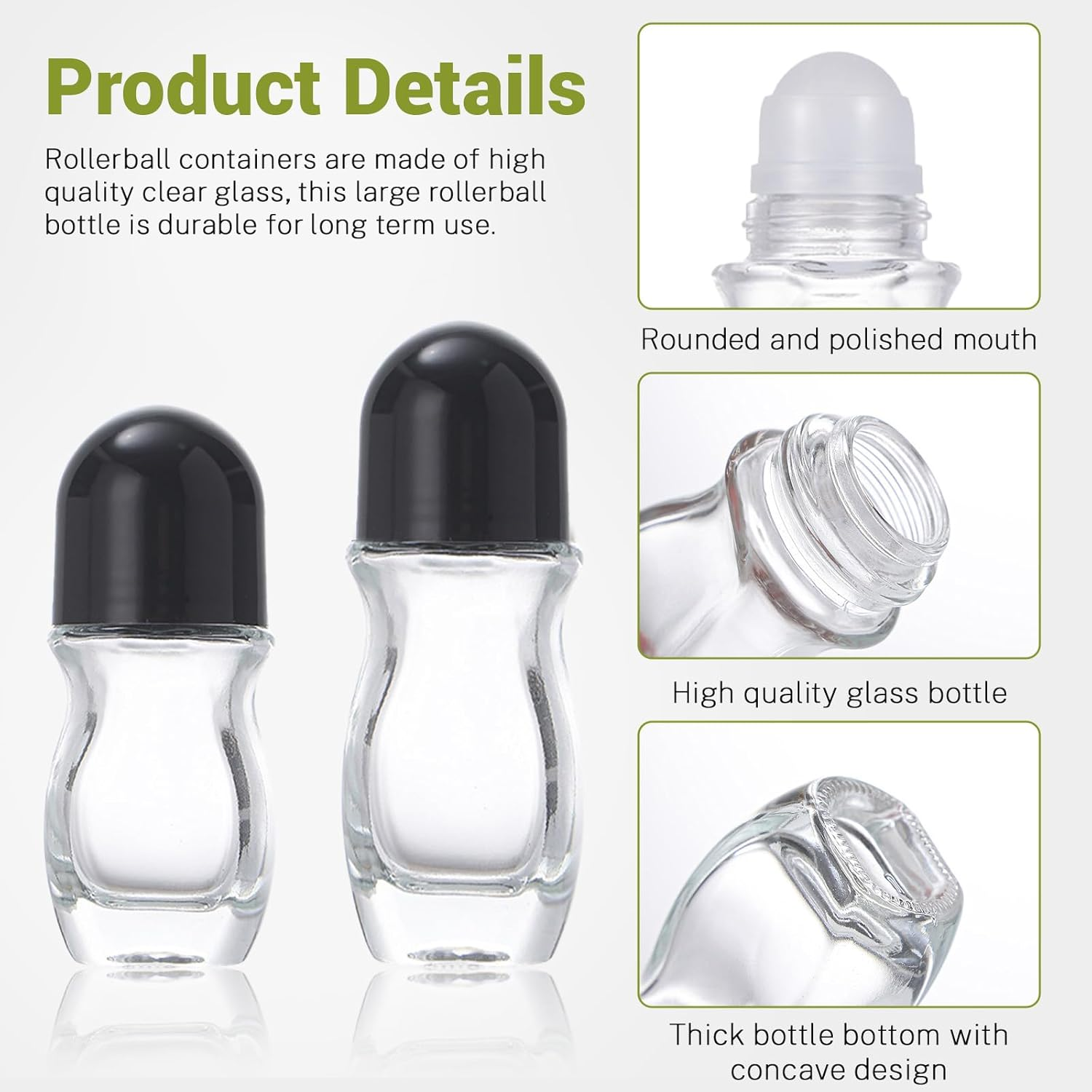 Huakaile 4 Pieces 50 ML Empty Glass Roller Bottles, Leak-Proof Refillable Roller Ball Applicator Containers with Black Lid, Roll on Bottles with Plastic Roll Ball for Massage Oils image number 1