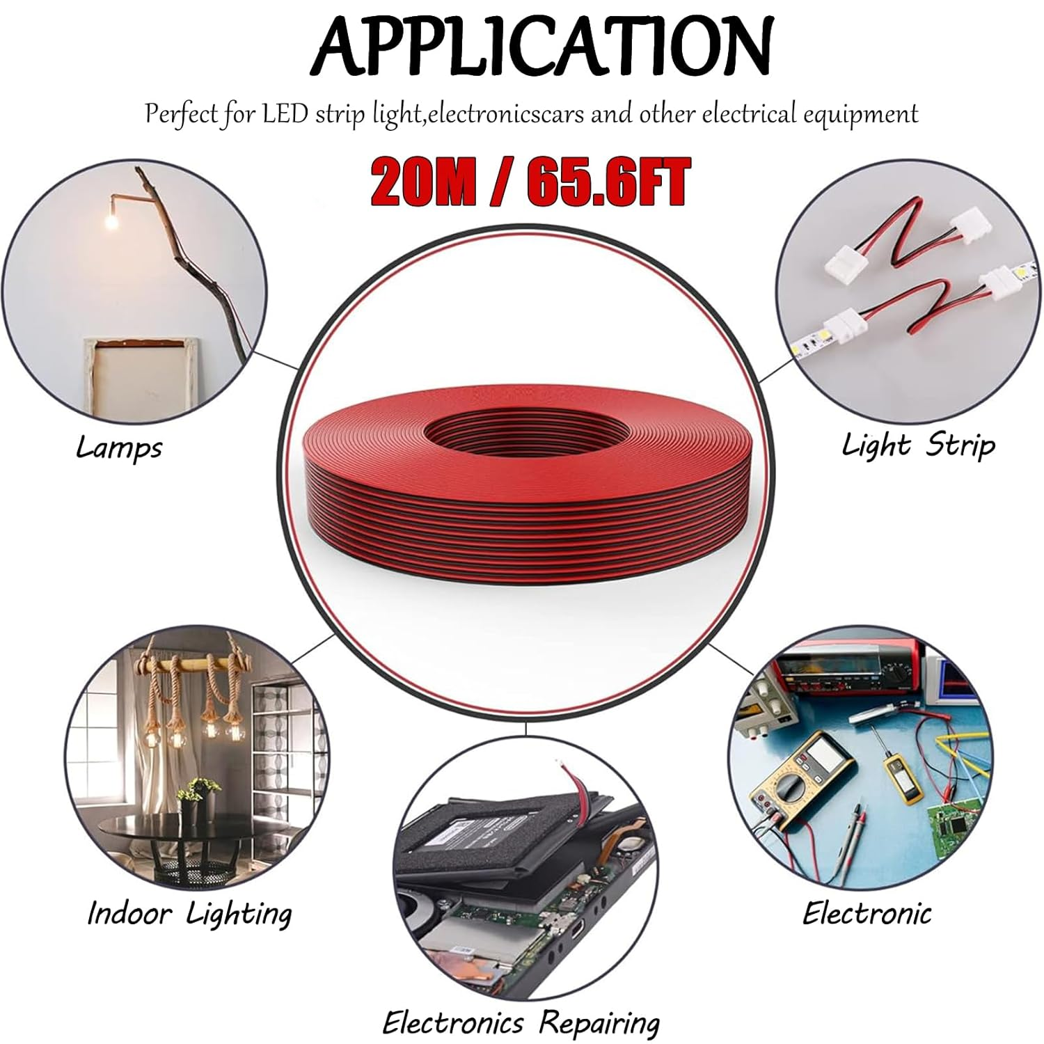 20M/65.6FT Electrical Wire Cable 22AWG, 2 Pin Black Red, DC Extension for LED Strips image number 1