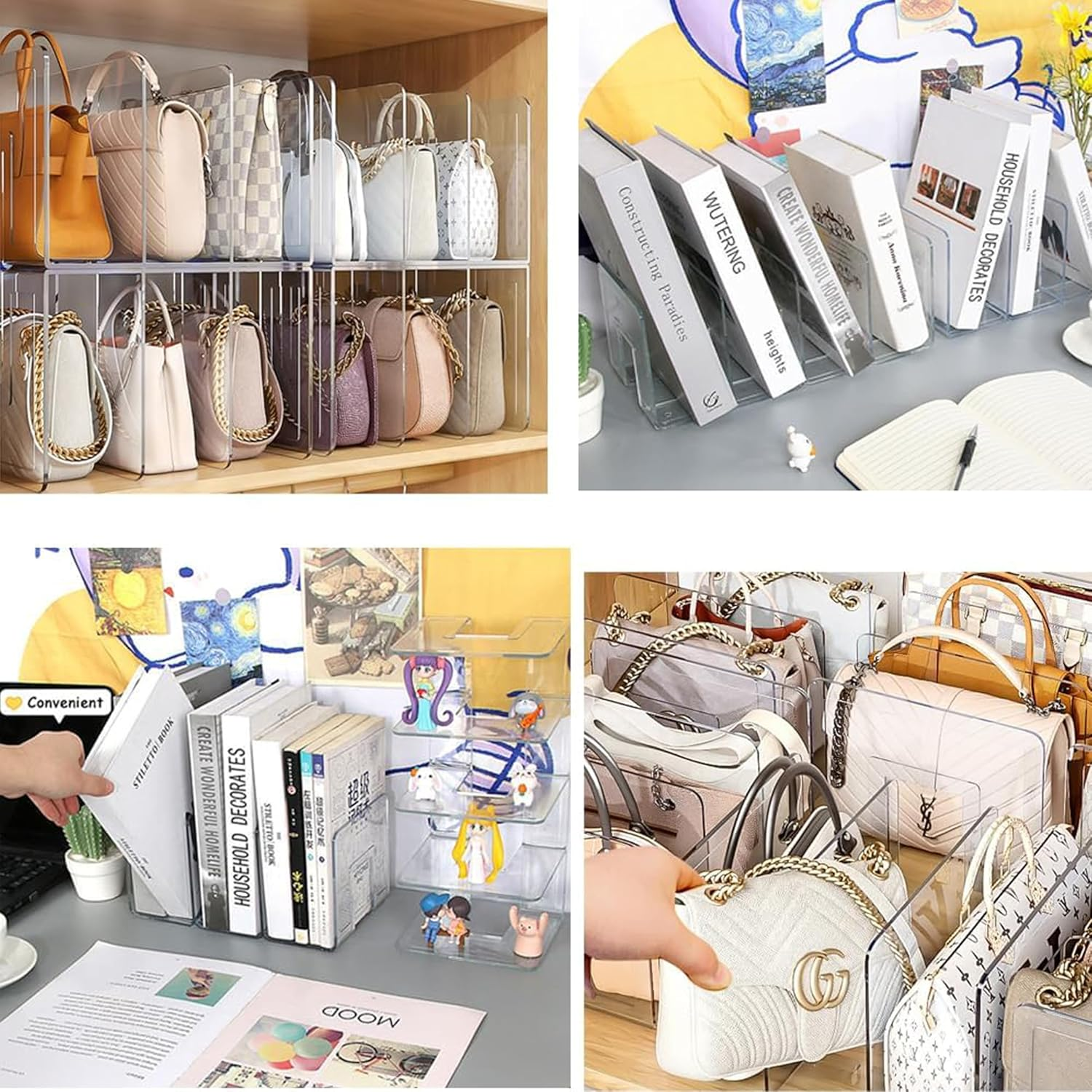 4PCS Acrylic Desktop Organizers - 3 Sections, Wide 4.2 Inch, for Files, Accessories, Wallet | Closet, Handbag, Bookshelf Storage | Clear image number 4