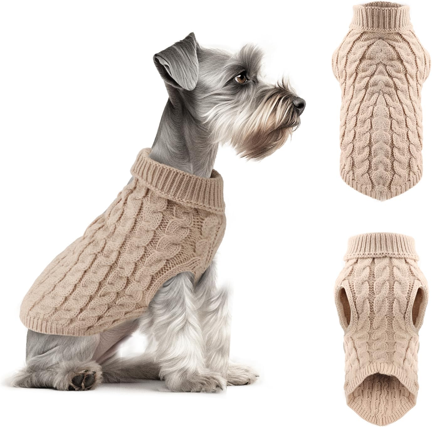 Fiohiros Dog Sweater Knitted Turtleneck, Warm Winter Dog Jumpers Cute, Dog Coat Apparel Puppy Twist Striped Vest Dog Clothes for Dog Cat (Beige+Black, S)