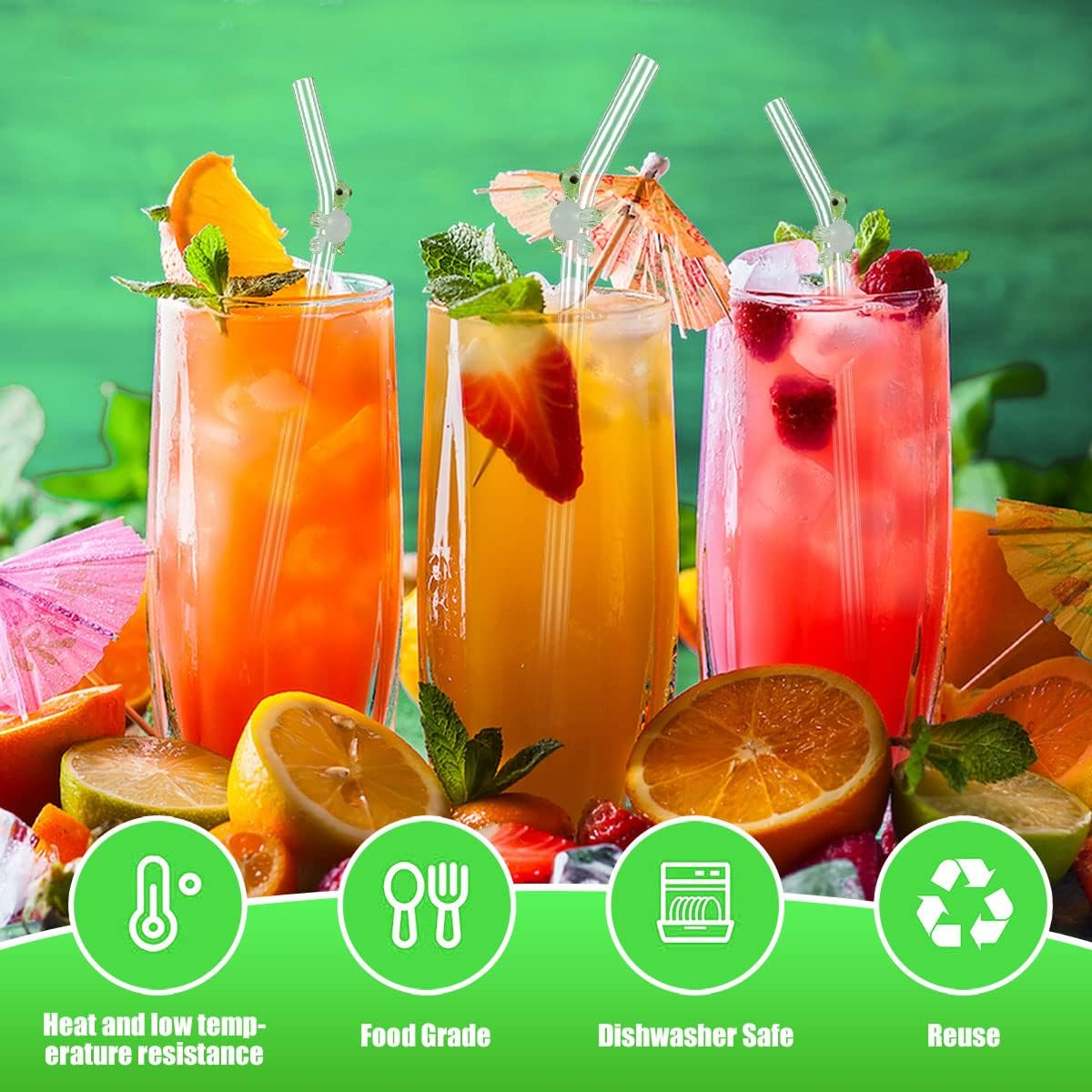 6Pcs Reusable Drinking Straws Clear Glass Drinking Staws with Cleaning Brush Cute Flower Heart Straws for Smoothies Tea Juice Milkshakes (Turtle) - Flower image number 3