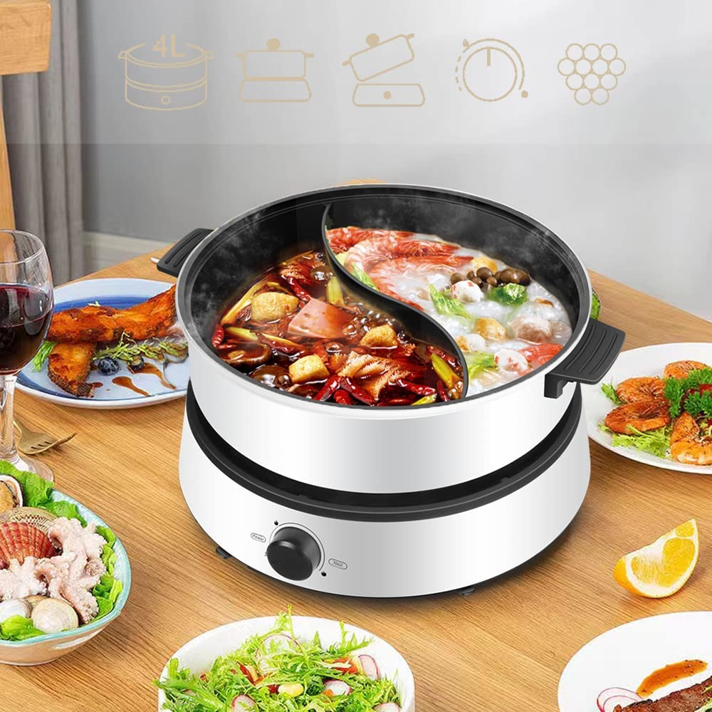 Electric Dual-Sided Shabu Shabu Hot Pot with Divider, 4L Double Flavor Non-Stick Hot Pot with Multi-Power Control, Electric Cooker with Glass Lid for Party, Family Gathering image number 3