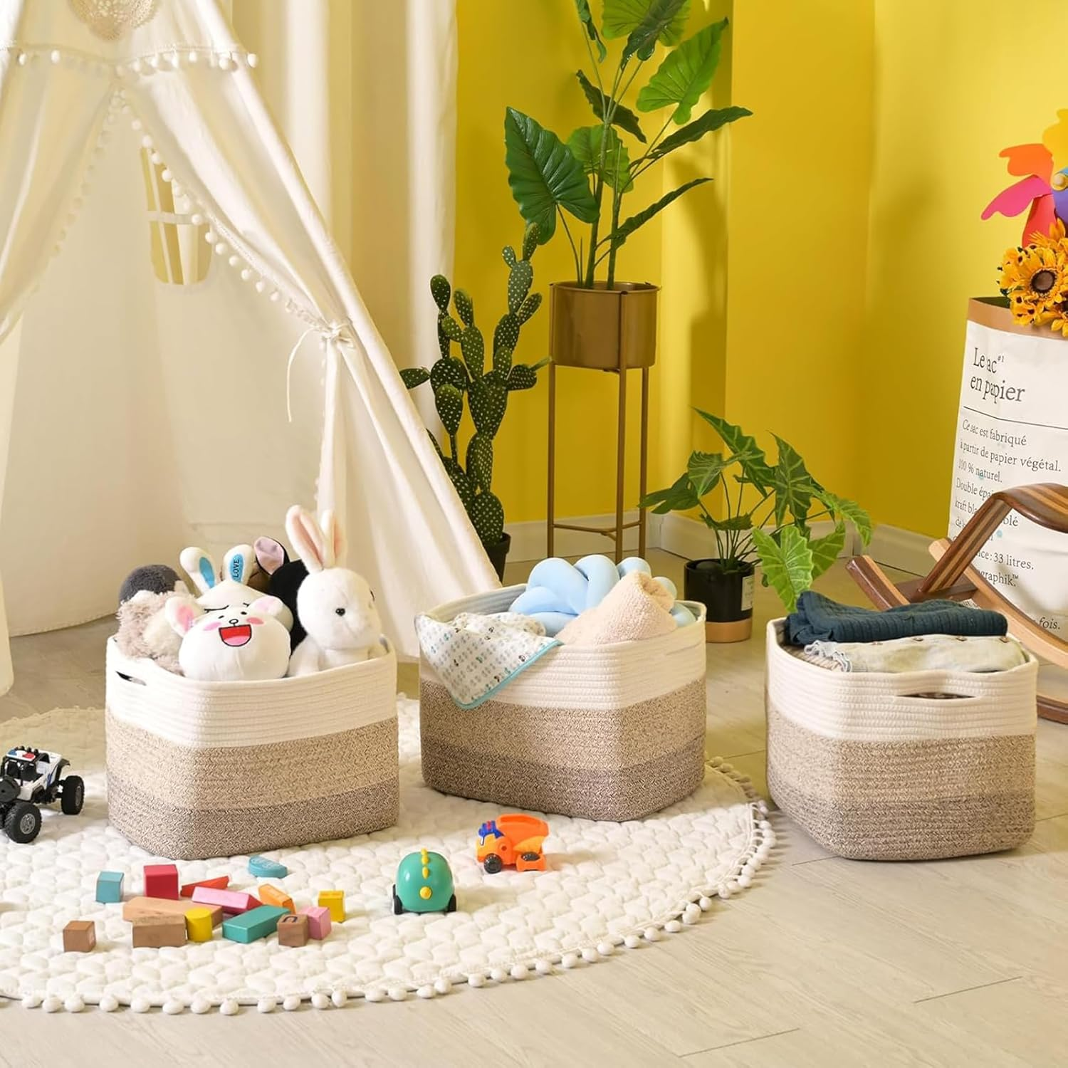 3Pack Storage Basket for Organizing, Woven Baskets for Storage, Cotton Rope Basket for Toys,Towel Baskets for Bathroom, Gradient Yellow 38*25*23Cm image number 6