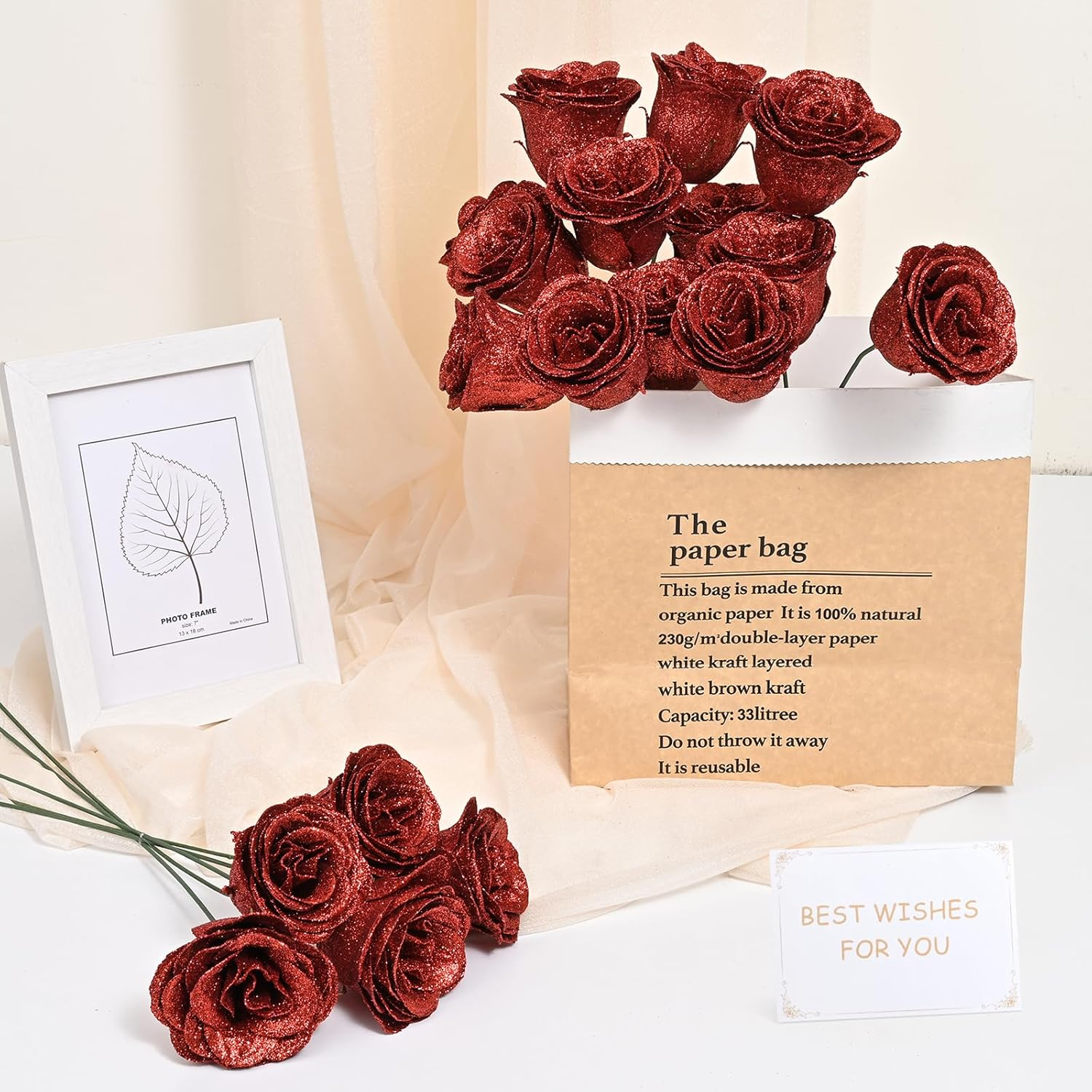 Waipfaru Red Glitter Roses Bouquet, DIY Fake Flowers Bouquet, Everlasting Shiny Artificial Rose Bouquet for Valentine'S Day, Anniversary, Engagement, Wedding, 24 Roses image number 6